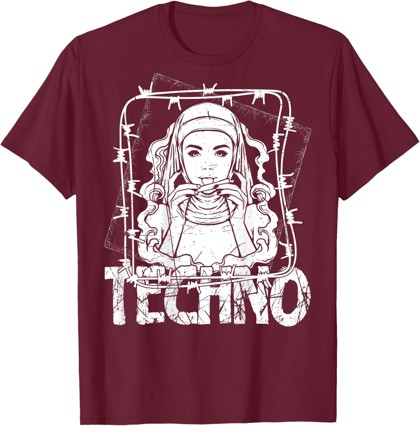 BACKPRINT Techno Merch Rave Kleidung 200 BPM Techno Nonne T-Shirt - T-Shirt | Maroon