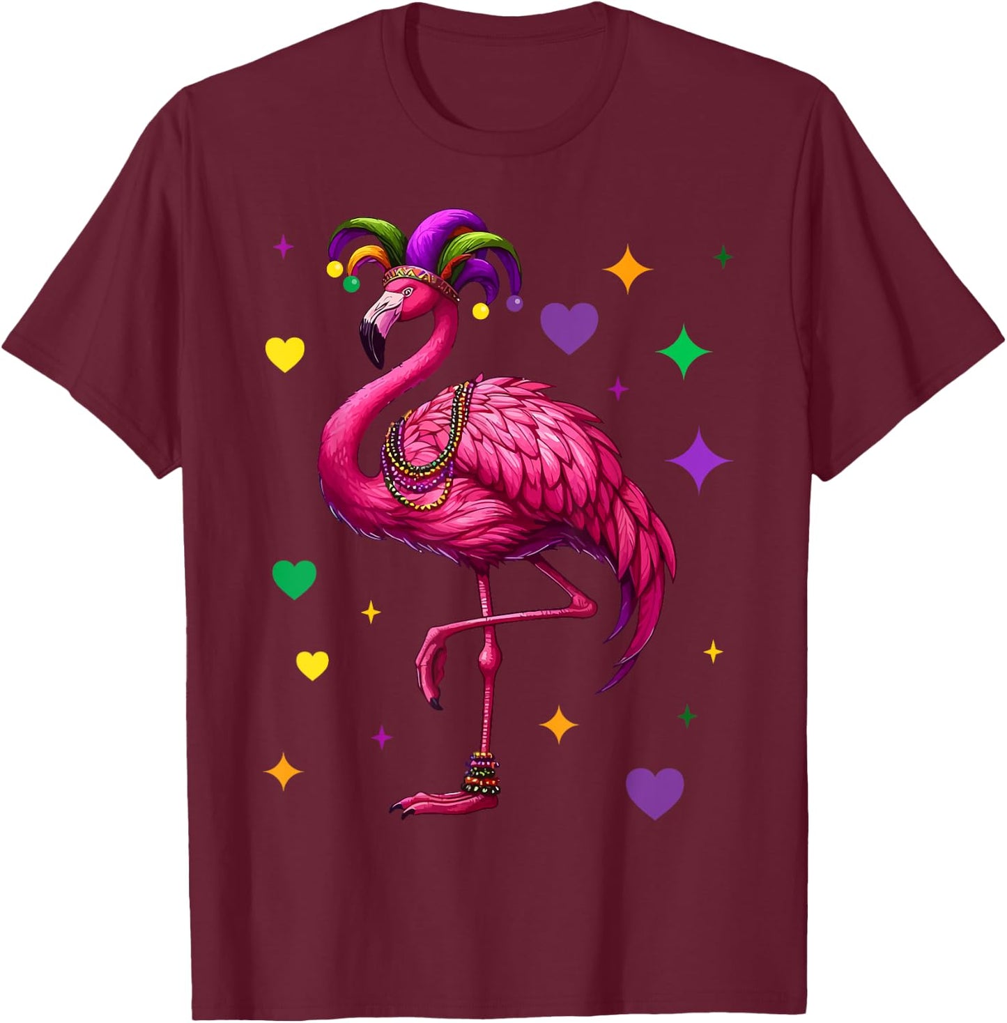 Flamingo Wearing Jester Hat Mardi Gras Fun T-Shirt - T-Shirt | Maroon