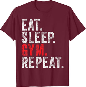 Eat Sleep Gym Repeat Funny Workout Train Vintage Distressed T-Shirt - T-Shirt | Maroon