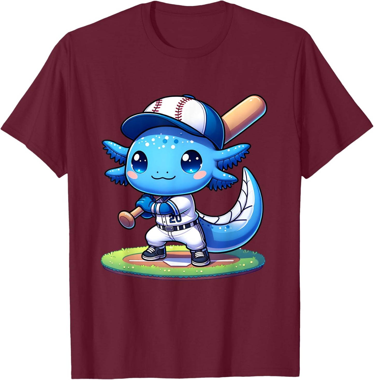 Funny axolotl baseball player catcher boys girls T-Shirt - T-Shirt | Maroon