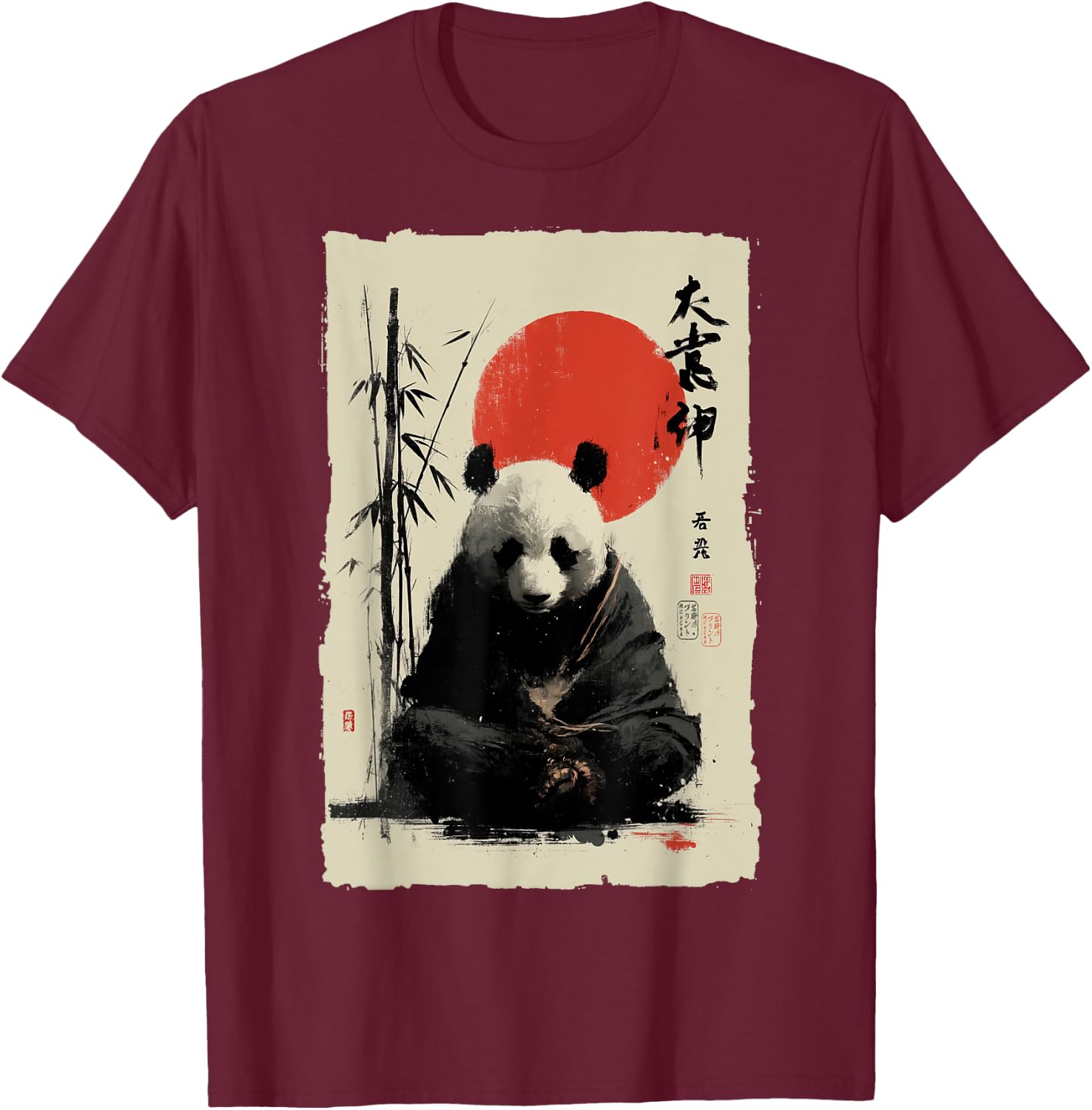 Zen Panda Bär Japanische Sumi-e Tinte Malerei Meditation T-Shirt - T-Shirt | Maroon