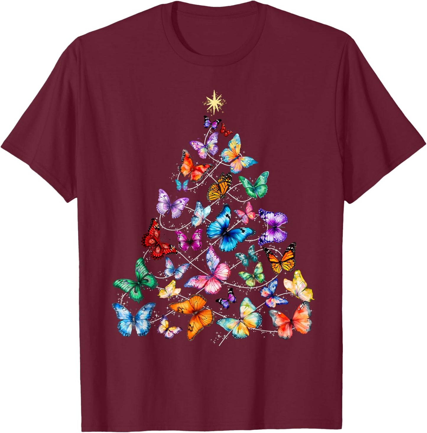 Butterfly Christmas Tree Lights Insect Christmas Gifts T-Shirt - T-Shirt | Maroon