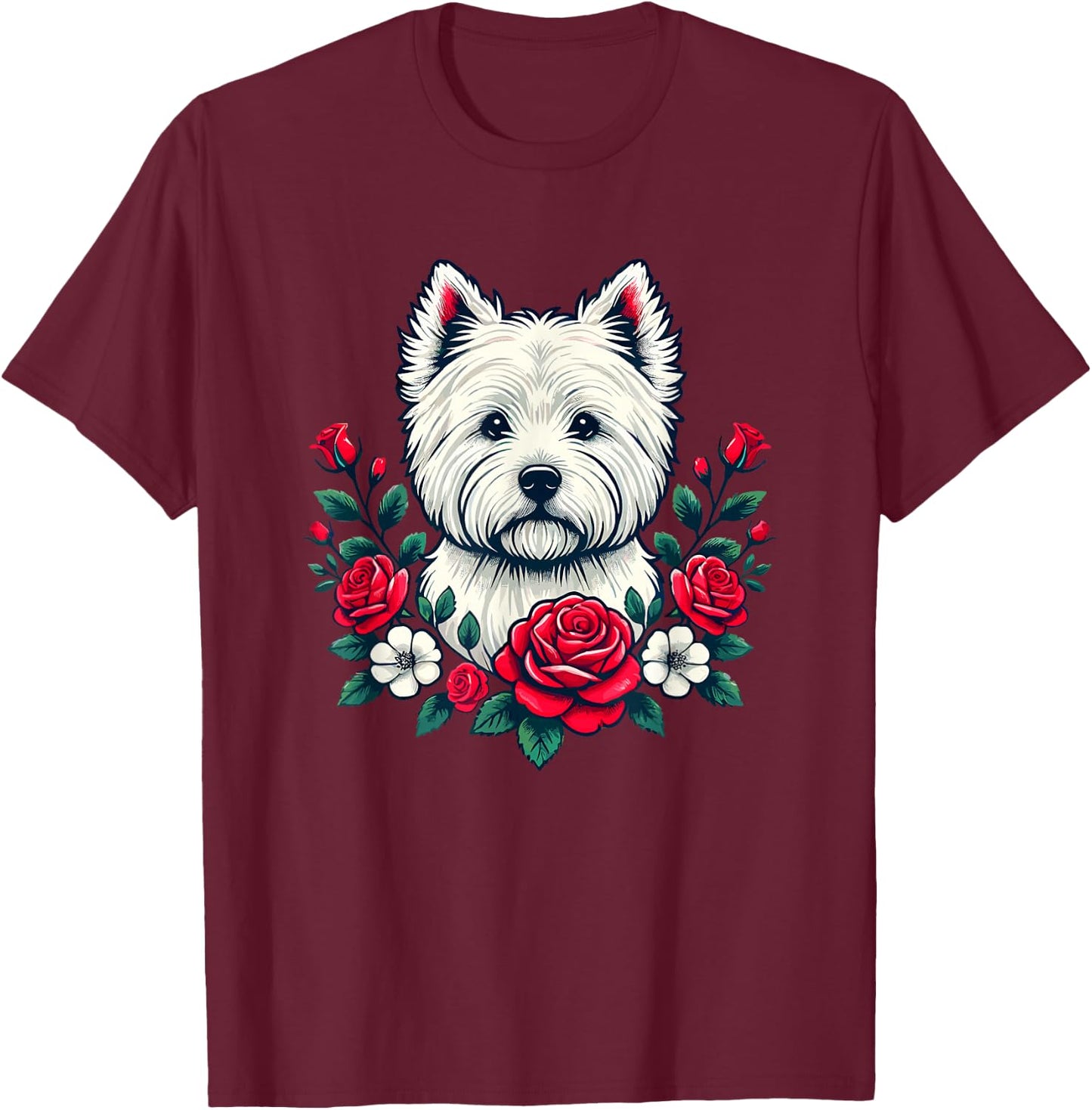 Roses Flowers West Highland White Terrier Westie T-Shirt - T-Shirt | Maroon