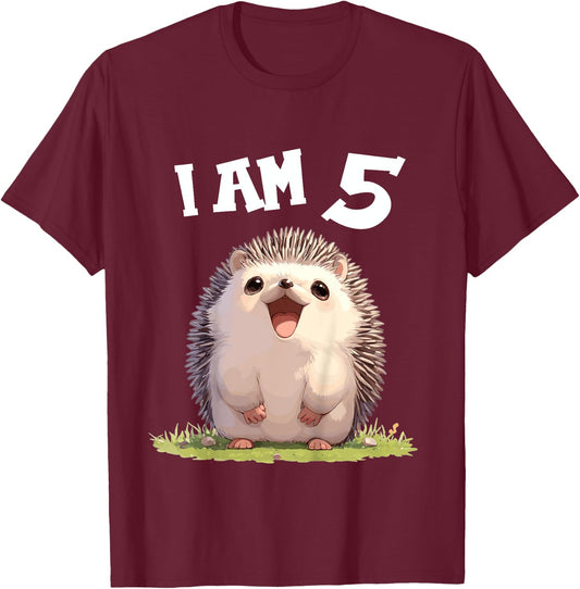 Kids 5 Years old 5 birthday Hedgehogs Boy Girl Hedgehog T-Shirt - T-Shirt | Maroon