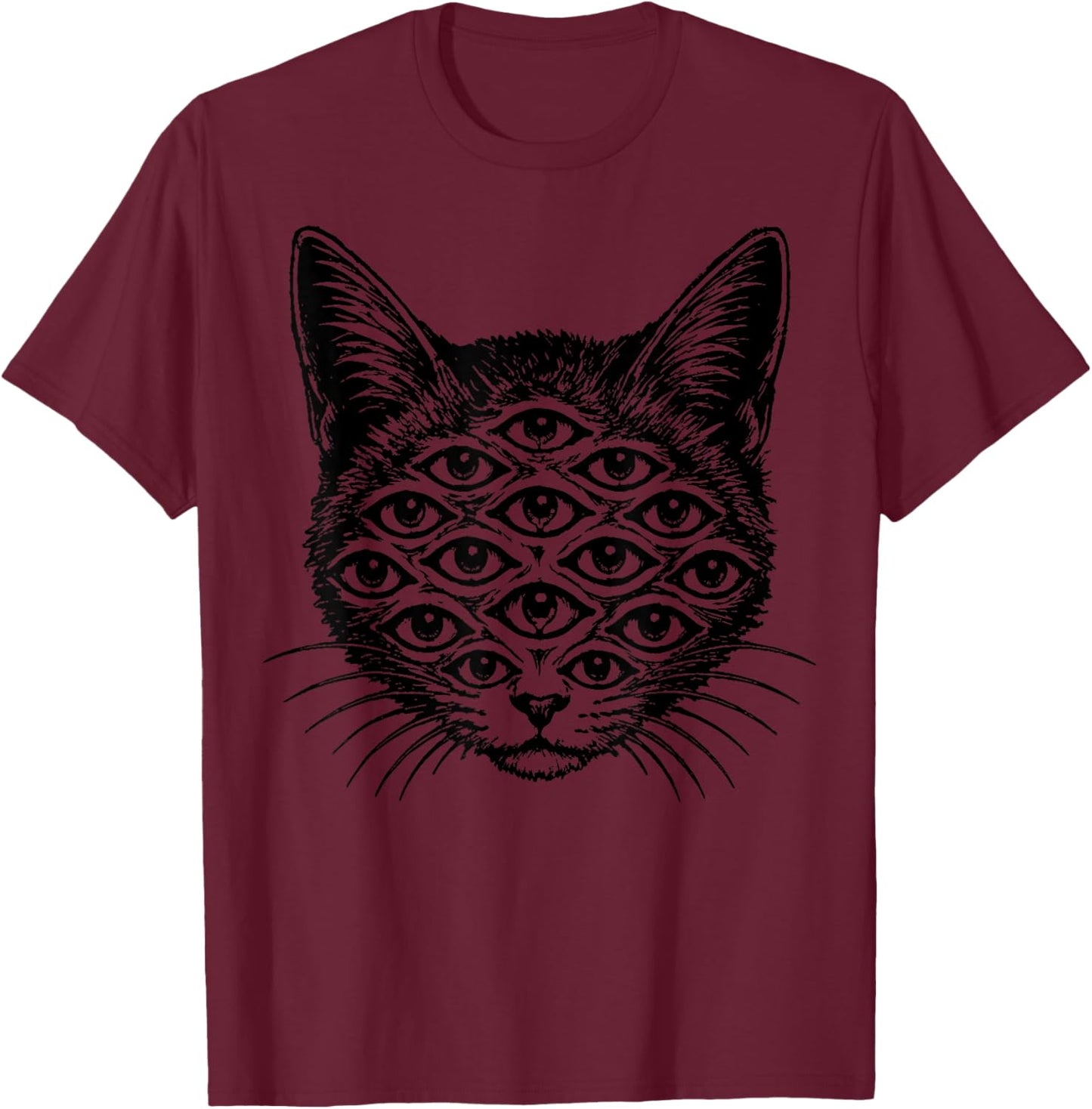 Surreal Many Eyed Cat Occult Gothic Weird Art Graphic T-Shirt - T-Shirt | Maroon