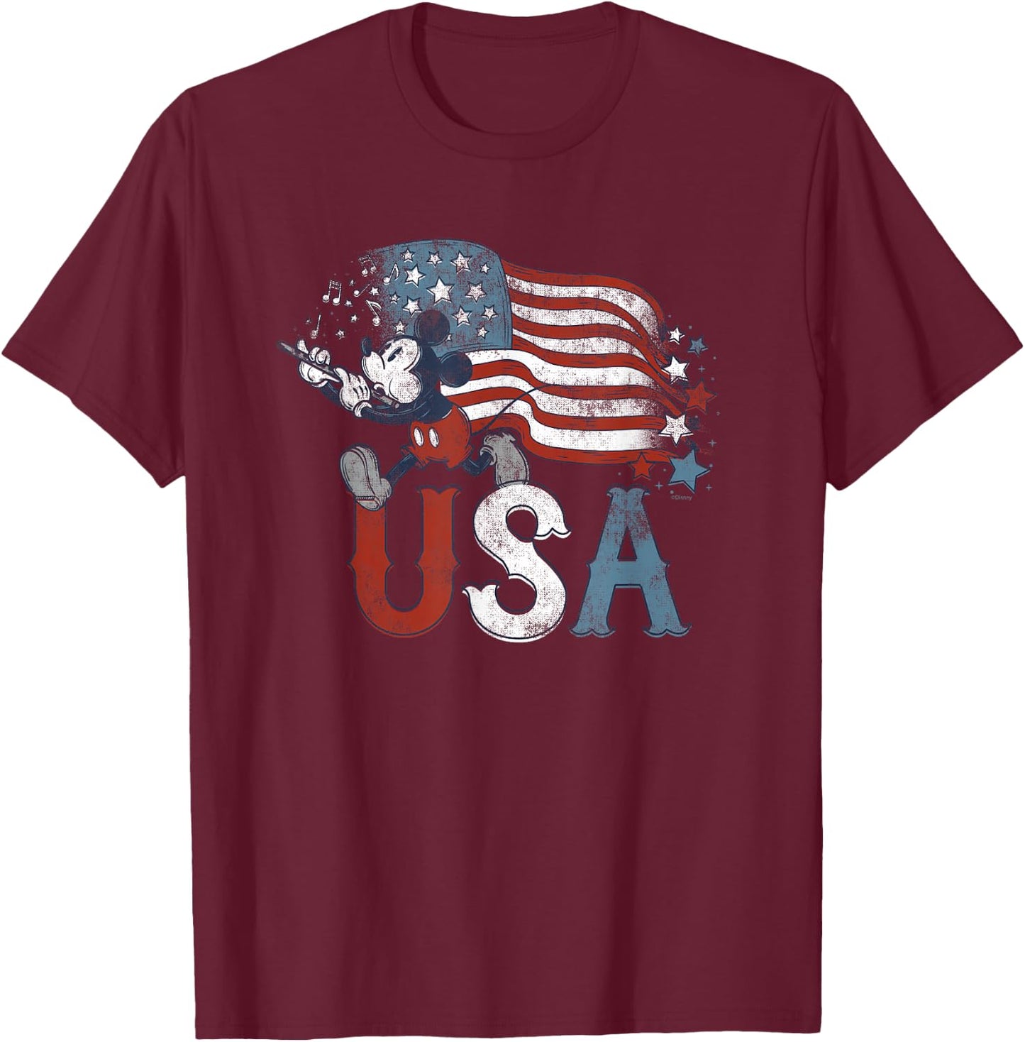 Disney Mickey Mouse with Flute America USA Flag 4th of July T-Shirt - T-Shirt | Maroon