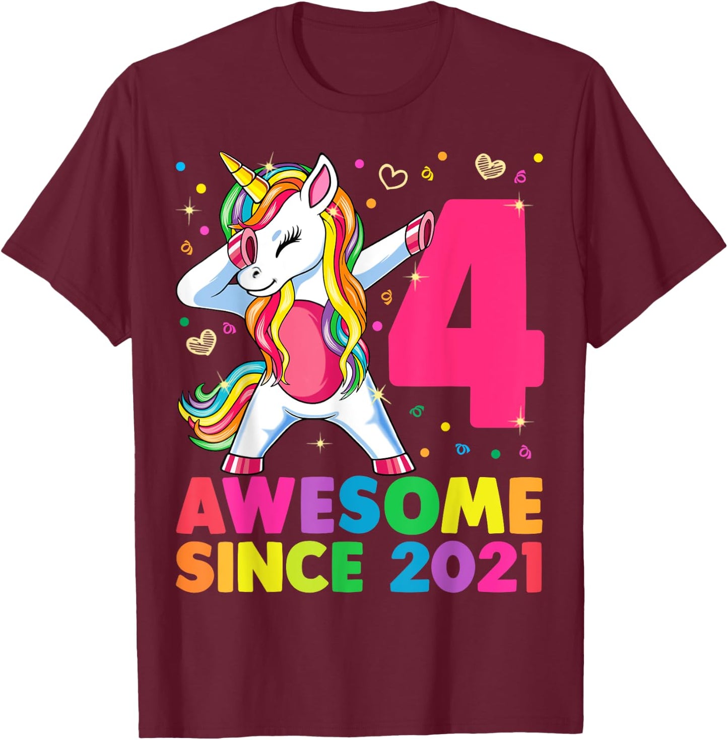 4 Years Old Unicorn Dabbing 4th Birthday Girl Unicorn Party T-Shirt - T-Shirt | Maroon