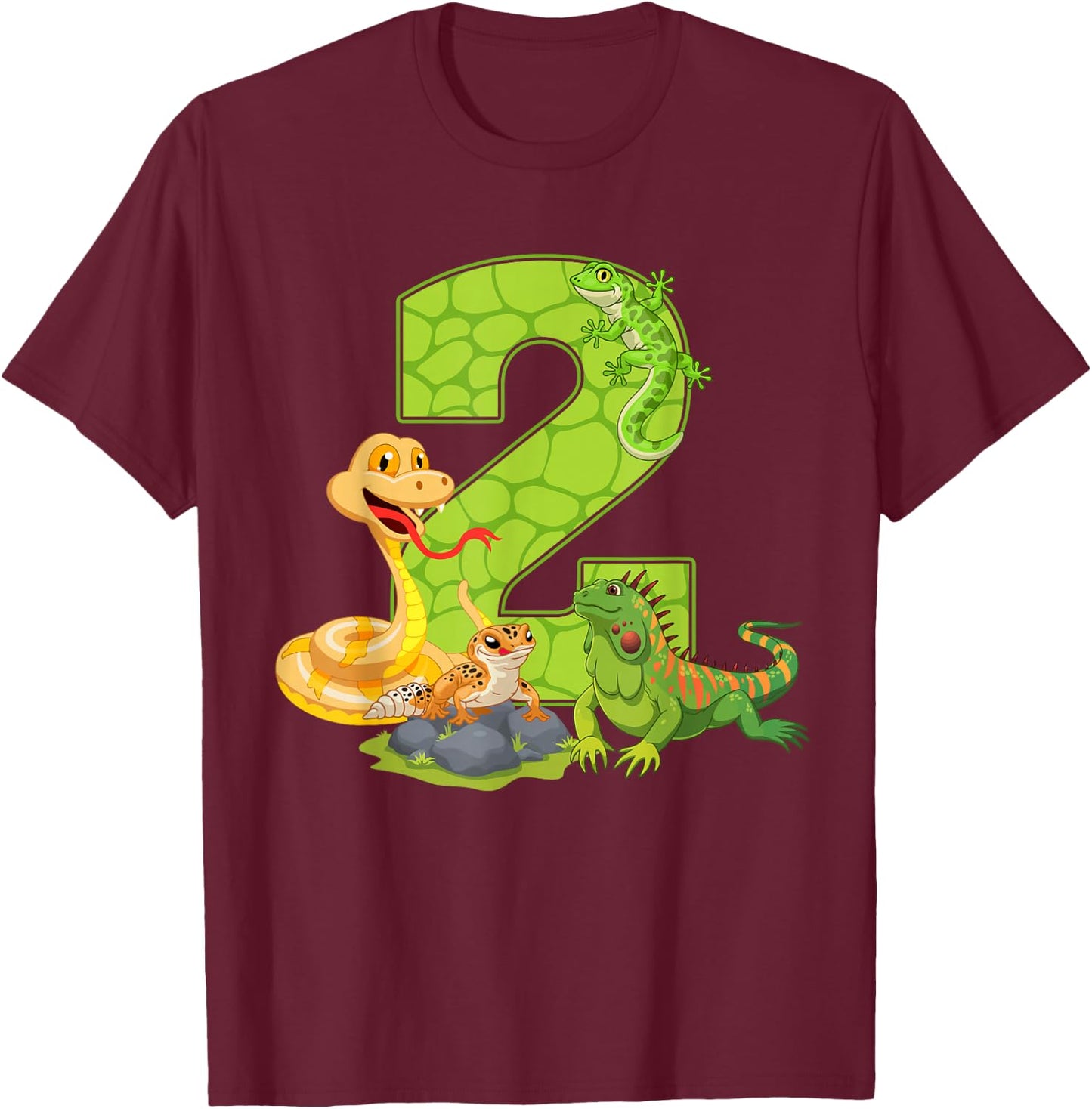 2nd Birthday Snake Lizard Reptile 2 Year Old Birthday Party T-Shirt - T-Shirt | Maroon