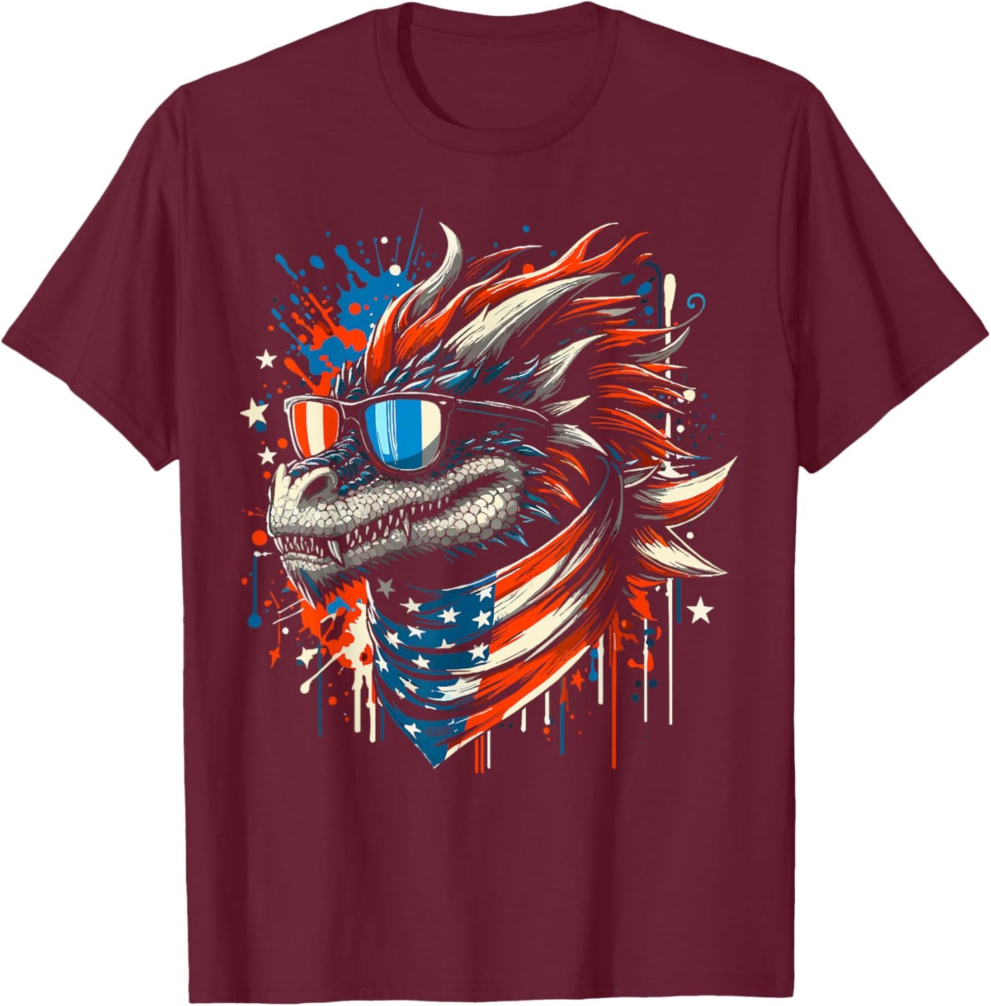 4th of July Patriotic Dragon US Flag Dragon Men Women T-Shirt - T-Shirt | Maroon