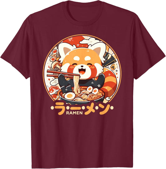 Red Panda Loves Ramen Kawaii Neko Red Panda Ramen , black T-Shirt - T-Shirt | Maroon