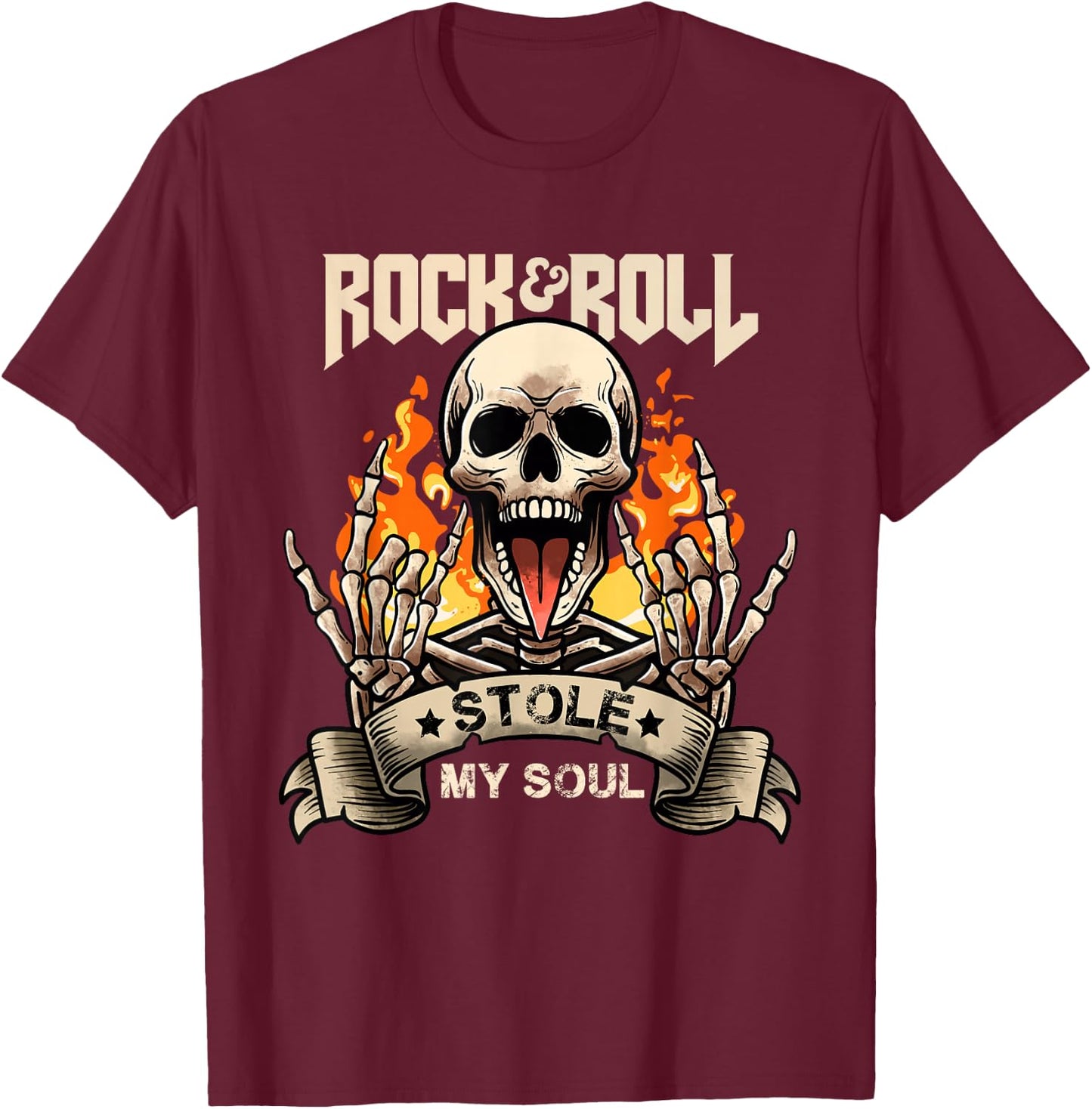 Rock & Roll Concert Retro Vintage Rock and Roll Stole My Soul , Black, S T-Shirt - T-Shirt | Maroon