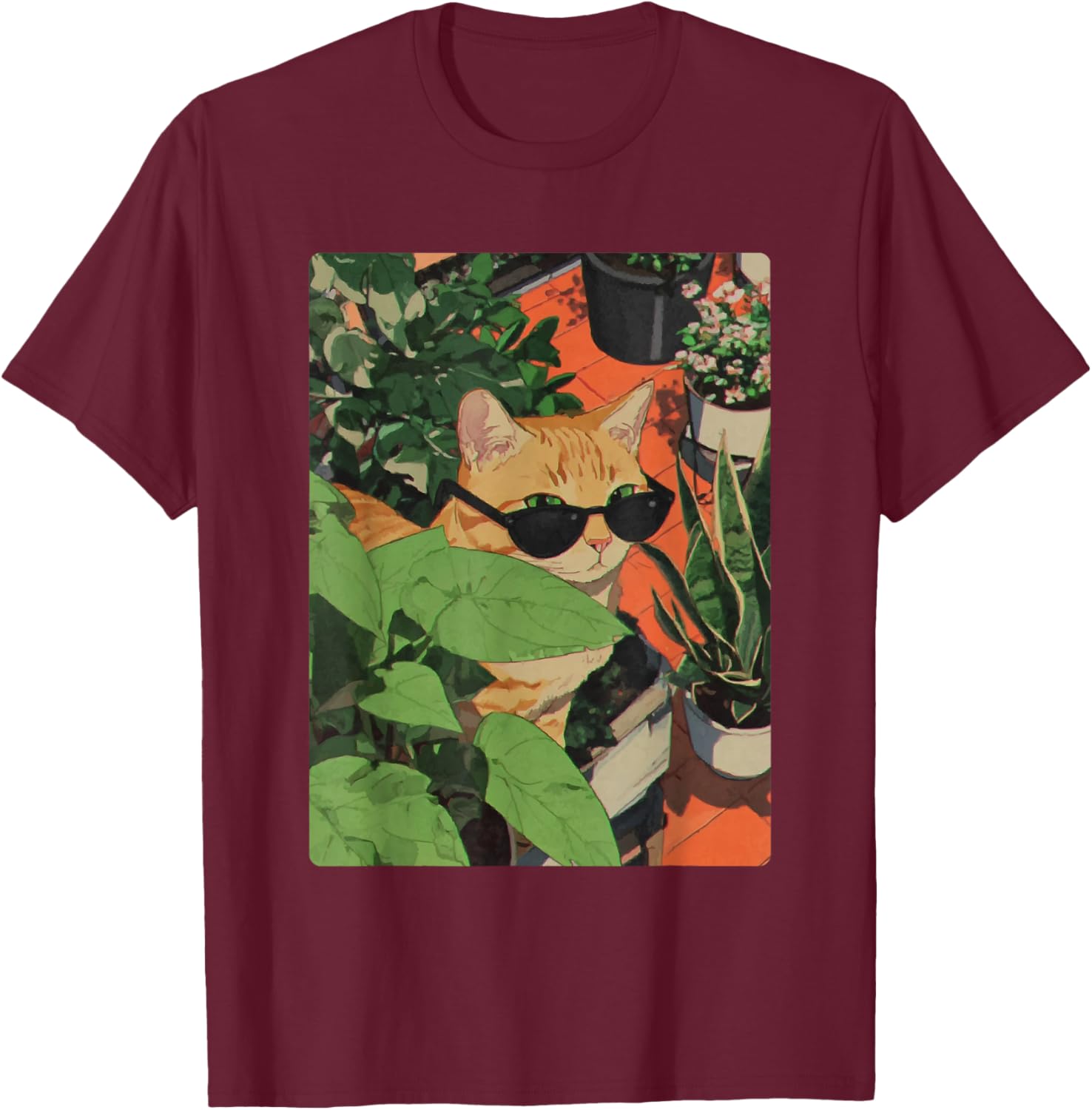 Chat tigré Roux rétro avec Lunettes de Soleil Anime Feline T-Shirt - T-Shirt | Maroon
