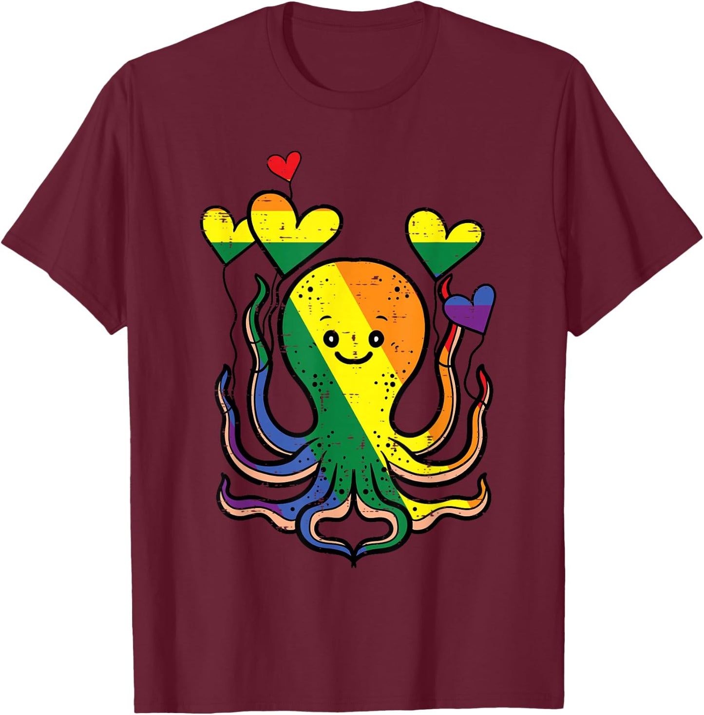 Gay Pride Octopus Hearts Rainbow Flag Lgbtq Women Kids Men T-Shirt - T-Shirt | Maroon