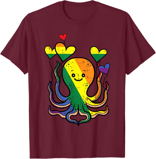 Gay Pride Octopus Hearts Rainbow Flag Lgbtq Women Kids Men T-Shirt - T-Shirt | Maroon