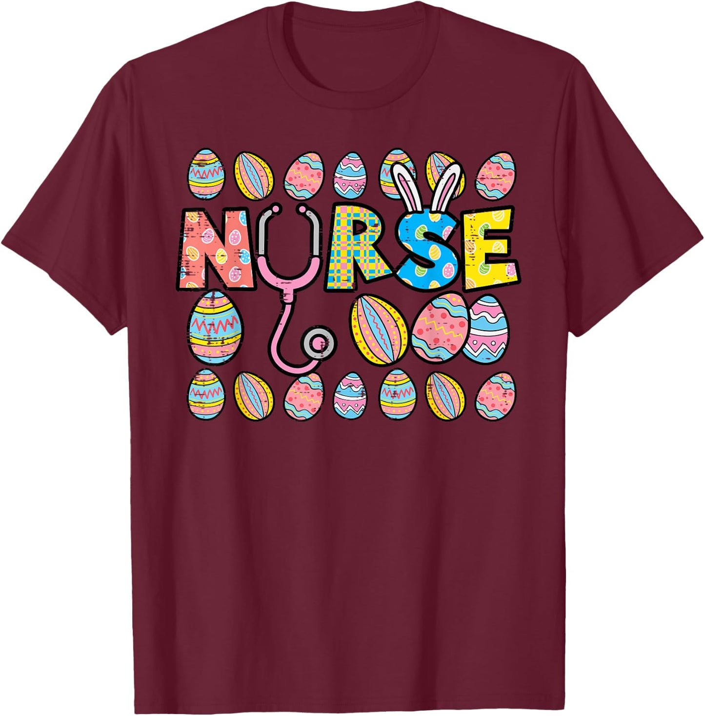 Easter Eggs Nurse Stethoscope Scrub Top Spring Squad Women T-Shirt - T-Shirt | Maroon