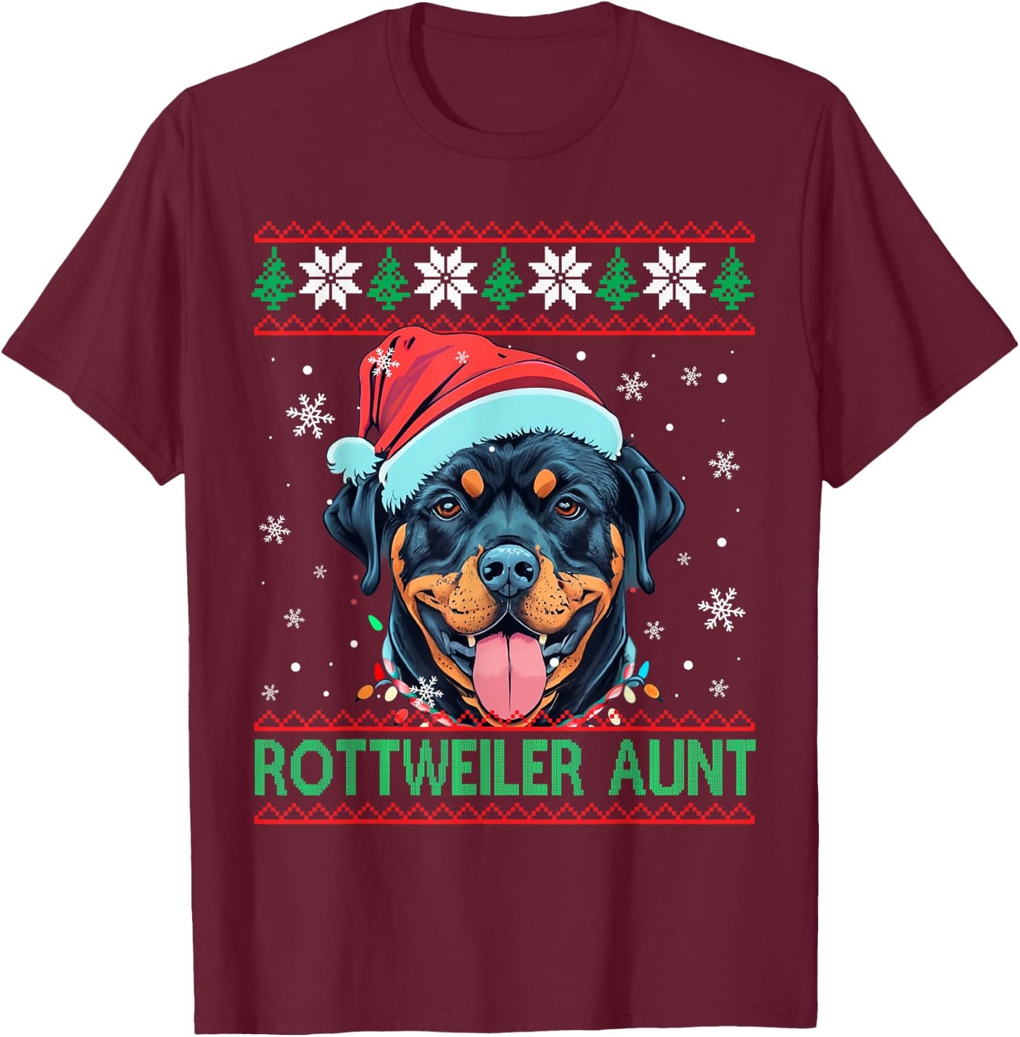 Rottweiler Aunt Santa Hat Rottweiler Dog Ugly Christmas Women Kids T-Shirt - T-Shirt | Maroon