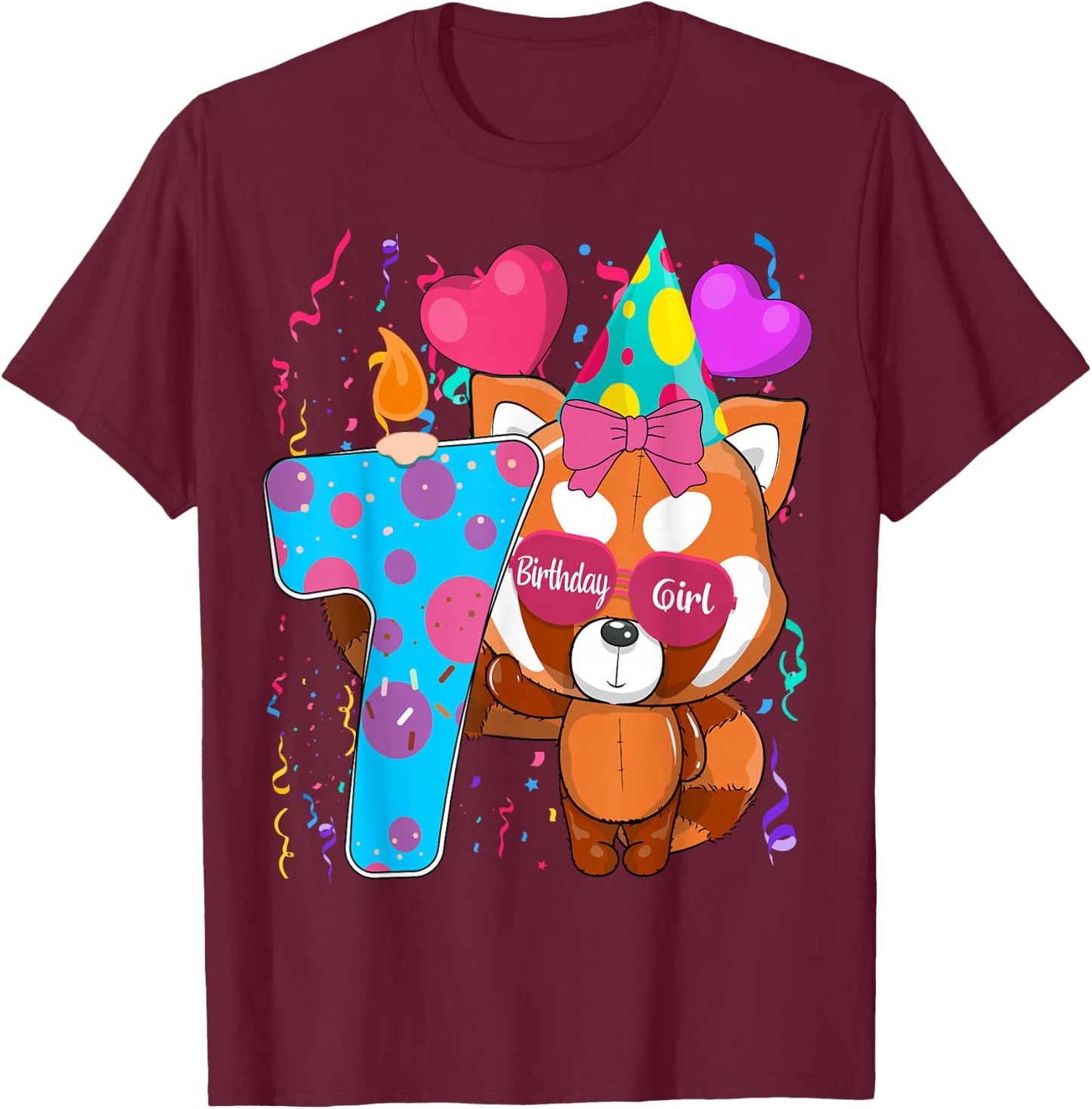 Red Panda 7th Birthday I'm 7 Years Old Girls Birthday Party T-Shirt - T-Shirt | Maroon