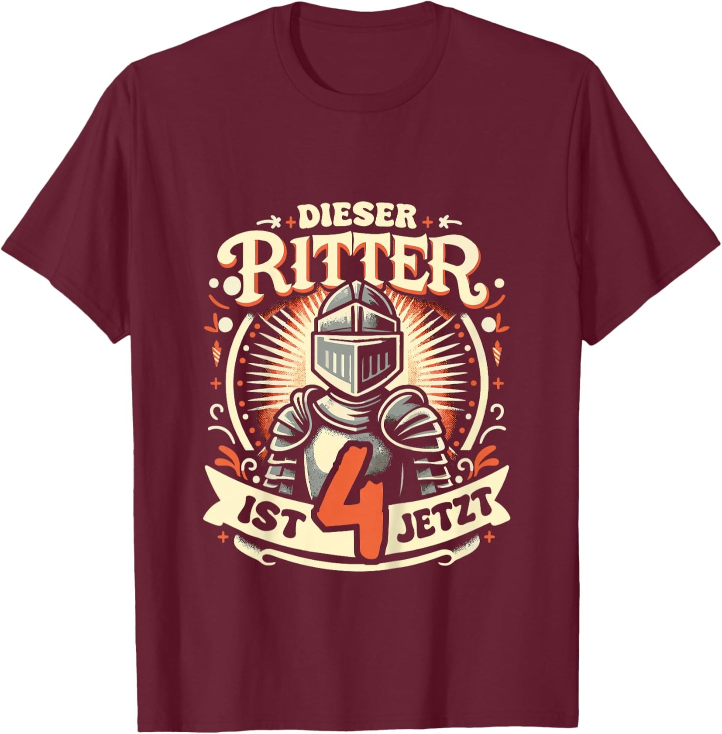 Children's 4th Birthday Gift with German Text "Dieser Ritter ist 4 Jahre t", black T-Shirt - T-Shirt | Maroon
