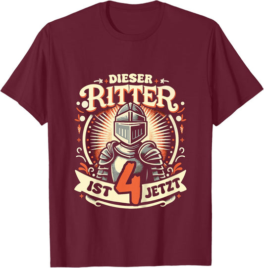 Children's 4th Birthday Gift with German Text "Dieser Ritter ist 4 Jahre t", black T-Shirt - T-Shirt | Maroon