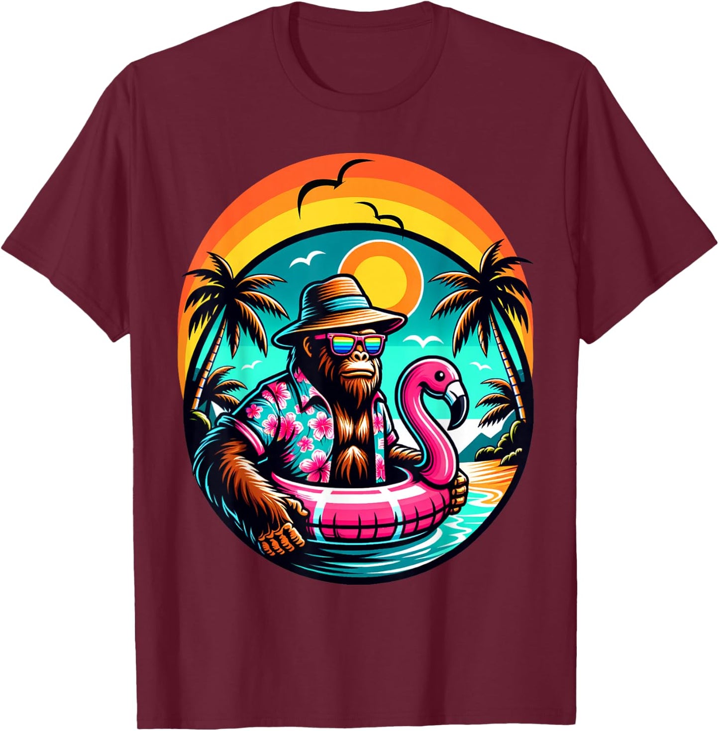 Bigfoot Pink Flamingo Aloha Pool Party Hawaiian Party T-Shirt - T-Shirt | Maroon