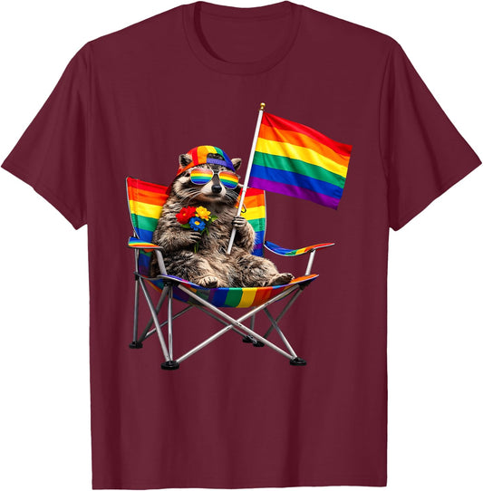 LGBT Raccoon Chair Rainbow Flag Pride Men Women T-Shirt - T-Shirt | Maroon