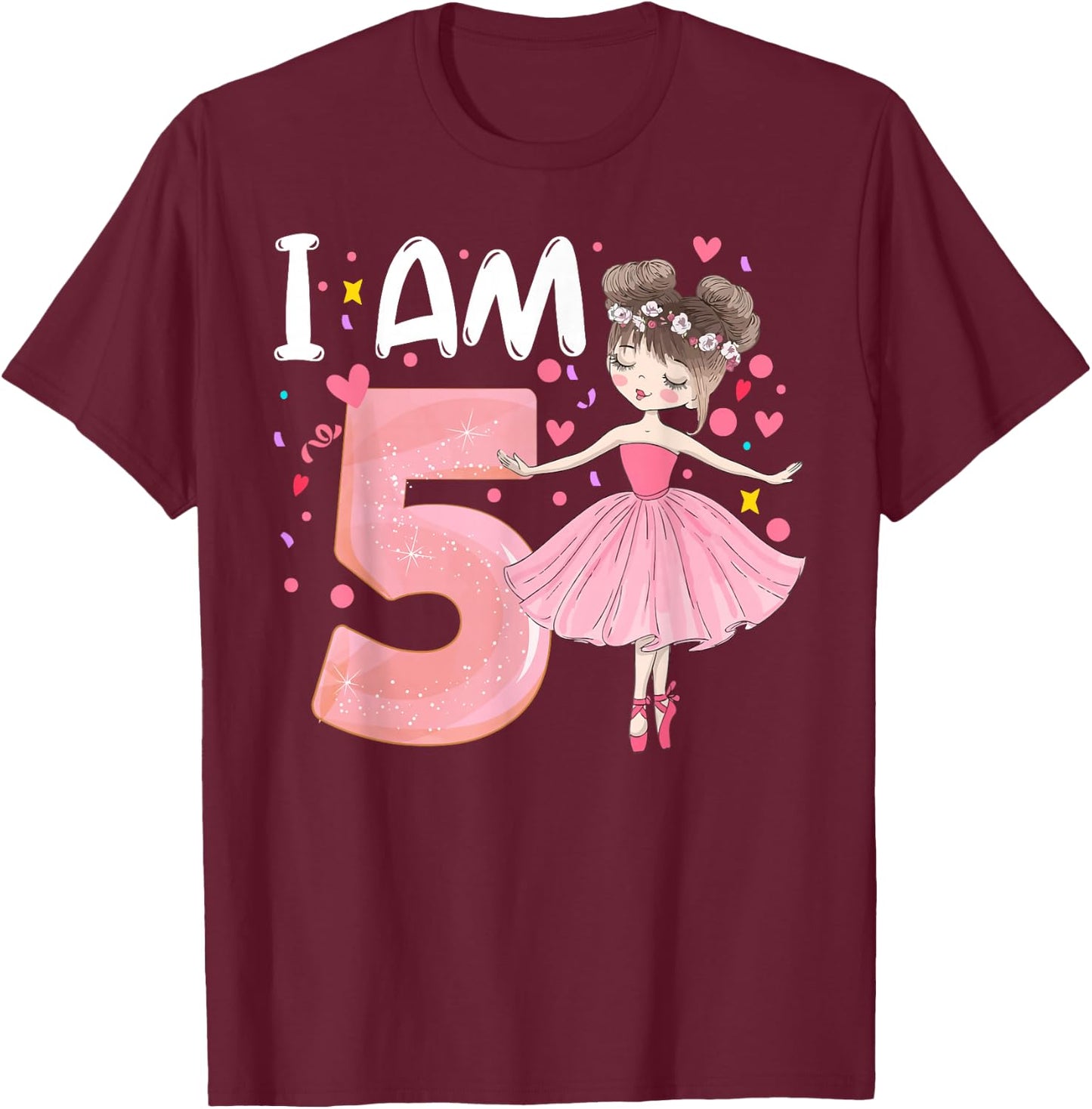 I-Am 5 Fifth Birthday Party Dancing Pink Ballerina-Girl T-Shirt - T-Shirt | Maroon