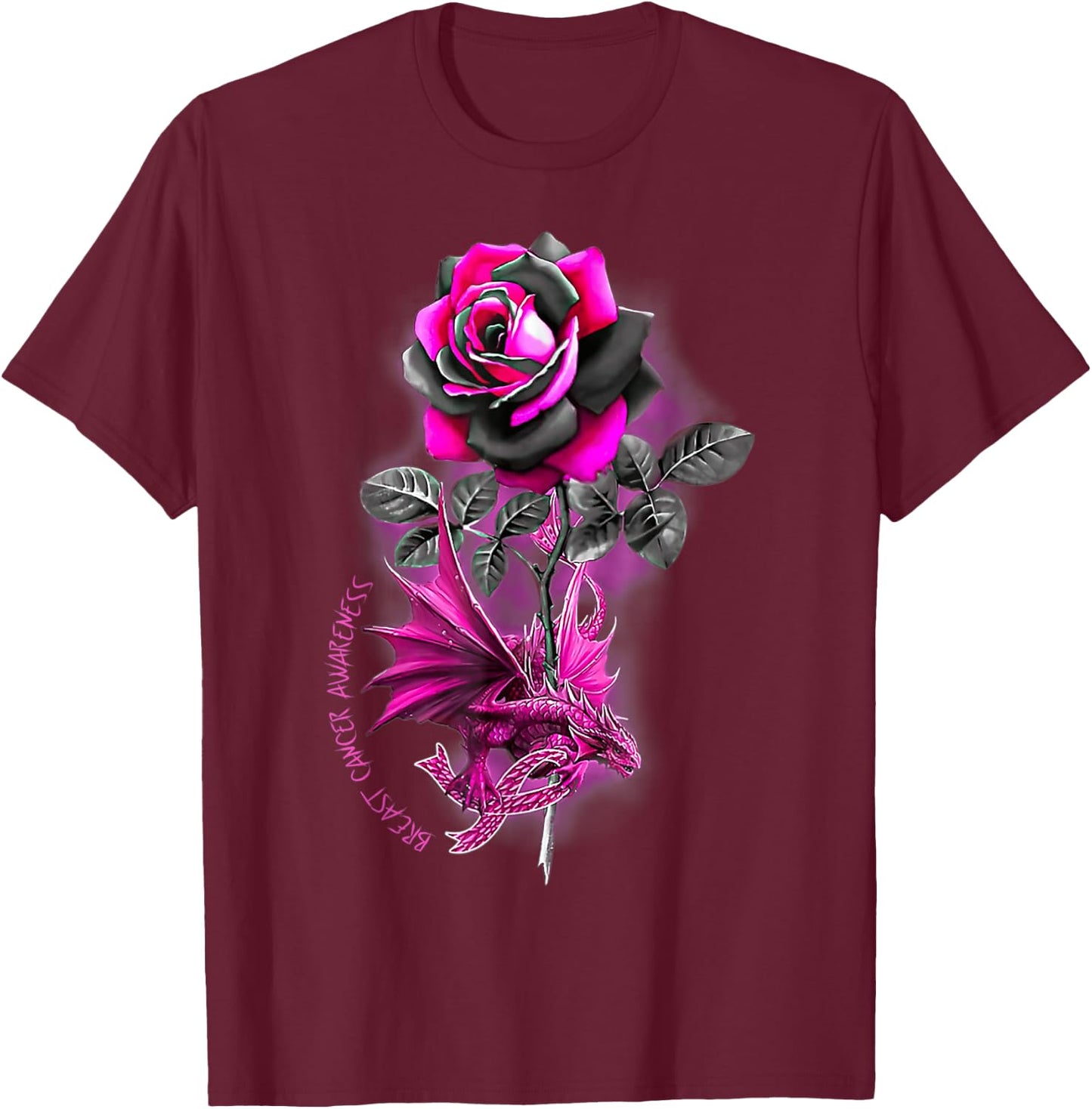 Breast Cancer Dragon Ribbon Pink Warrior Rose Flower Dragon T-Shirt - T-Shirt | Maroon