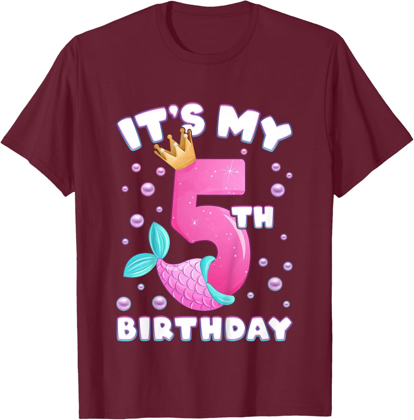 5th Birthday, Girl, Mermaid Fin, Number 5 T-Shirt - T-Shirt | Maroon