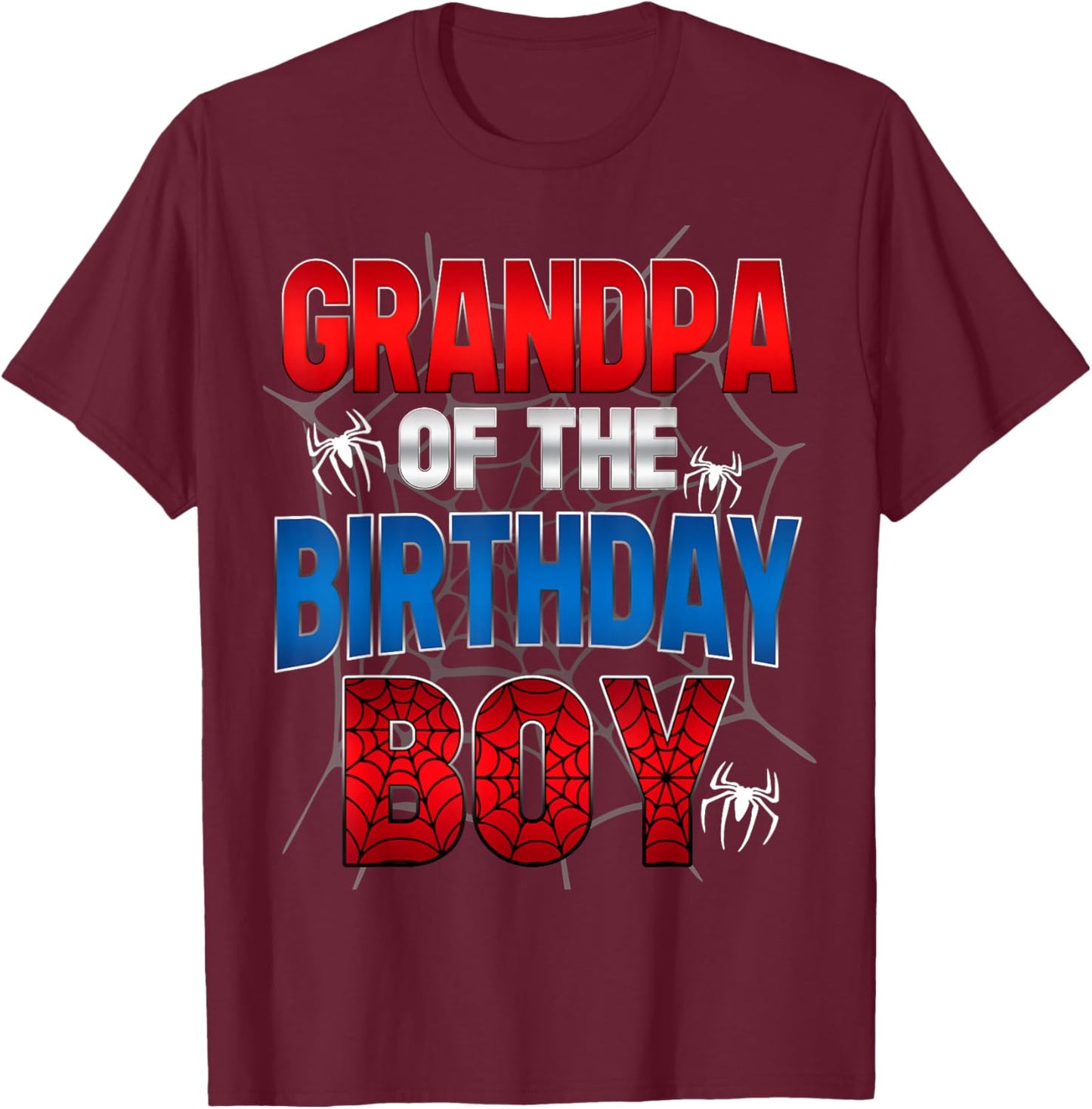 Grandpa Of The Birthday Boy Shirt Matching Family Spider Web T-Shirt - T-Shirt | Maroon