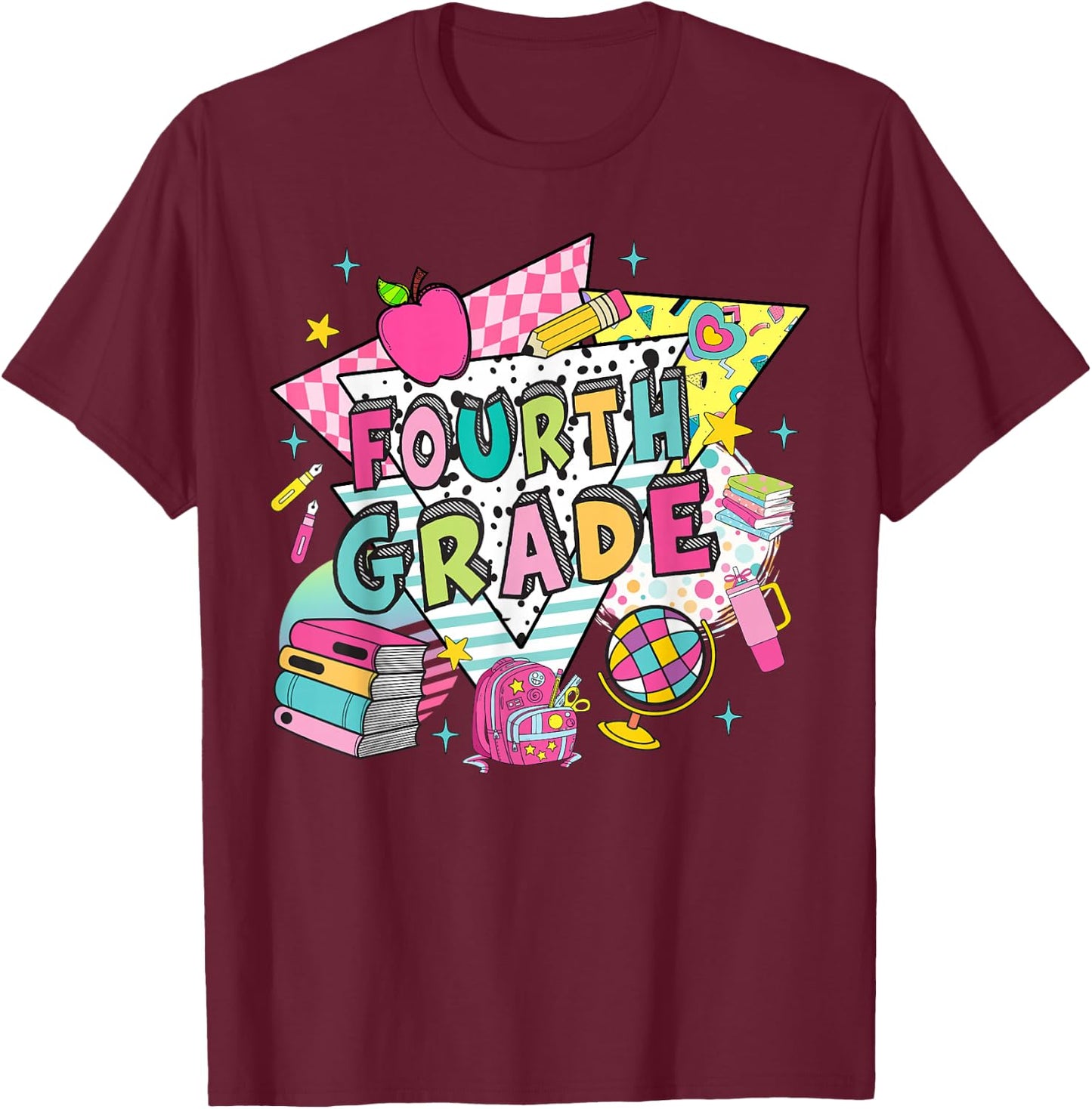 Fourth Grade Teachers Students Retro 90s Back To School T-Shirt - T-Shirt | Maroon