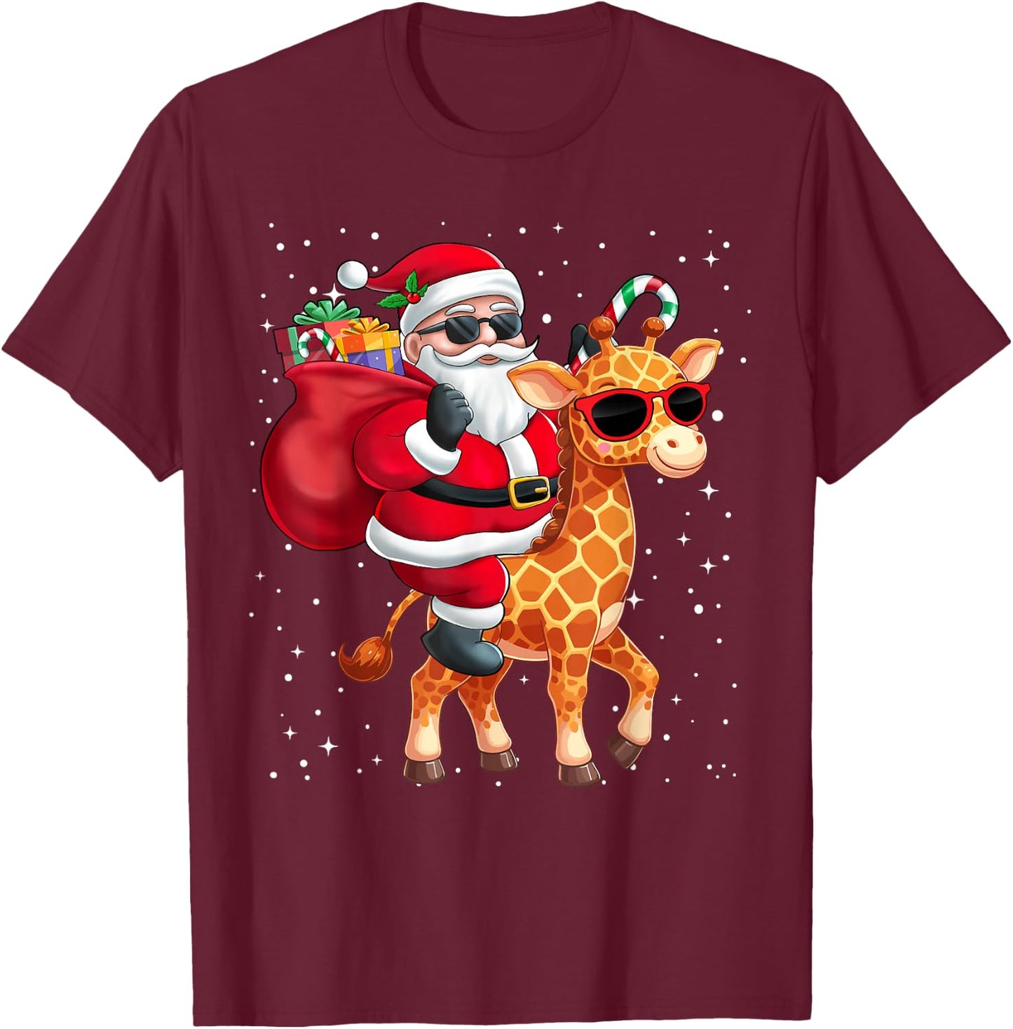 Santa Claus Riding A Giraffe Christmas Boy Girl Kids T-Shirt - T-Shirt | Maroon
