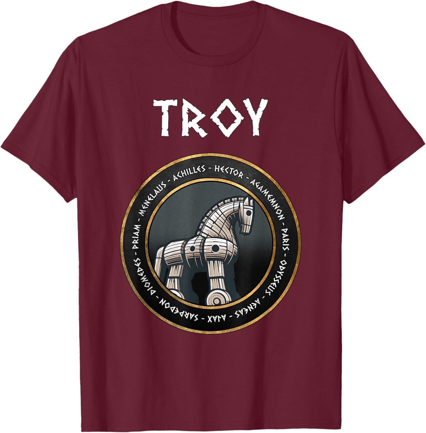 Agema Apparel The Trojan War Heroes of the Iliad Trojan Horse , Small, Black T-Shirt - T-Shirt | Maroon