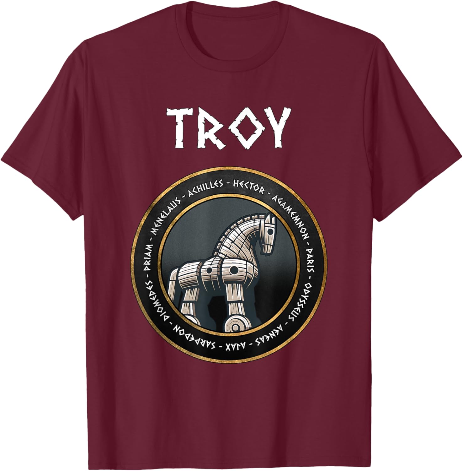 Agema Apparel The Trojan War Heroes of the Iliad Trojan Horse , Small, Black T-Shirt - T-Shirt | Maroon