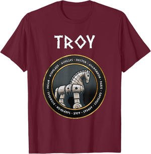 Agema Apparel The Trojan War Heroes of the Iliad Trojan Horse , Small, Black T-Shirt - T-Shirt | Maroon