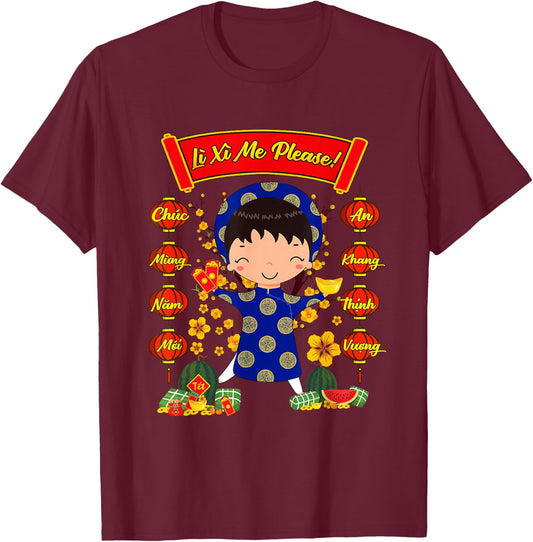 Li Xi Me Please Ao Dai Vietnamese Dress Boys Tet Decorations T-Shirt - T-Shirt | Maroon