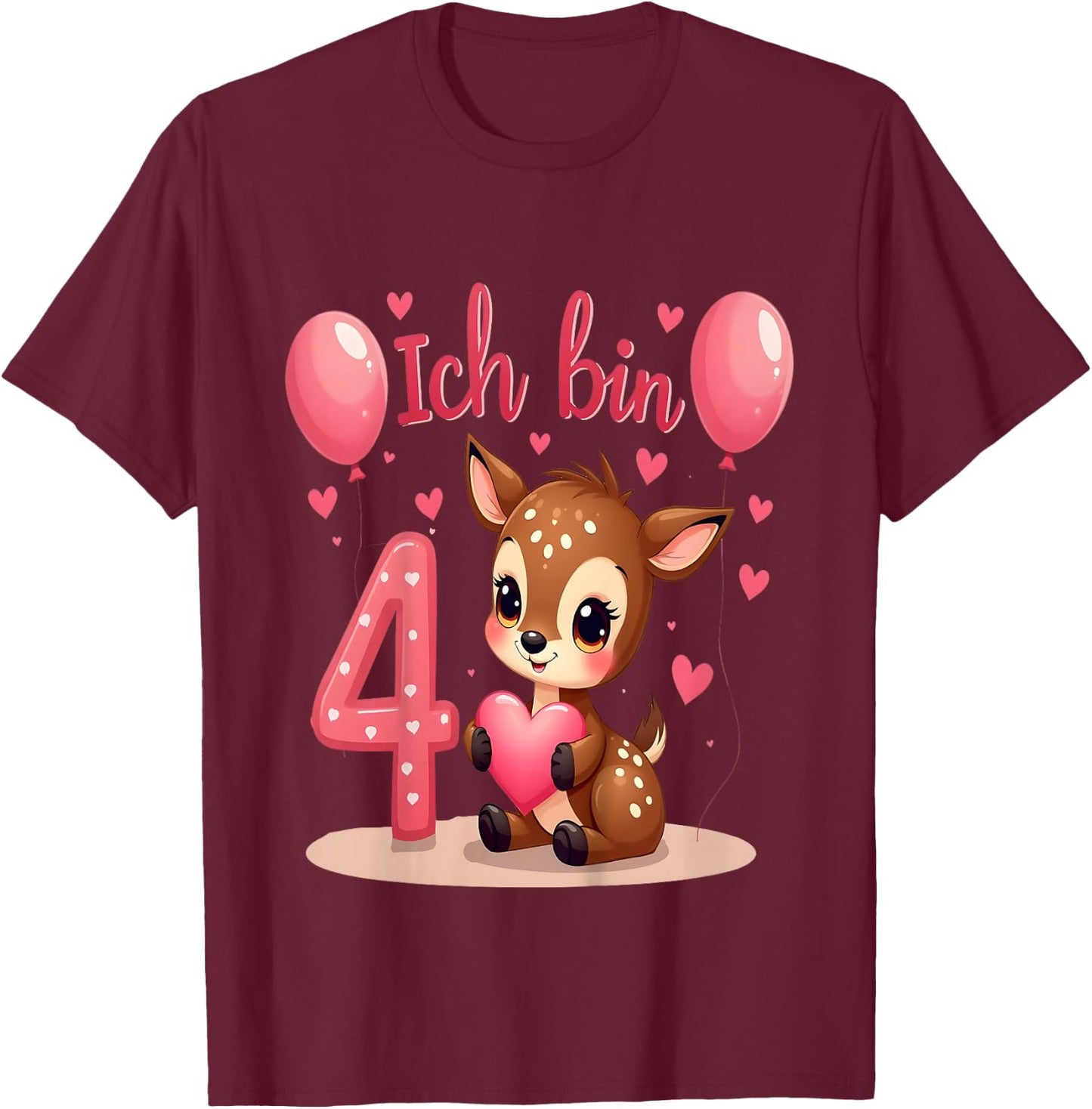 Children's Cute Deer I Am 4 Children's Birthday 4th Birthday Girl , black T-Shirt - T-Shirt | Maroon
