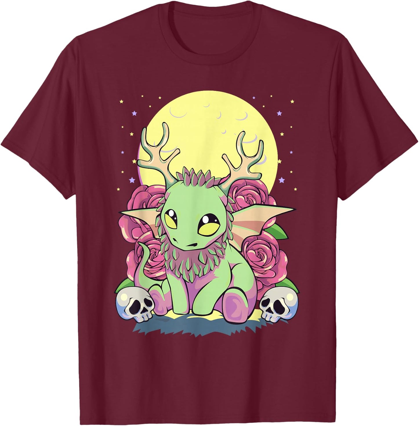 Pastel Goth Kawaii Occult Jackalope Cryptid Dragon Roses T-Shirt - T-Shirt | Maroon