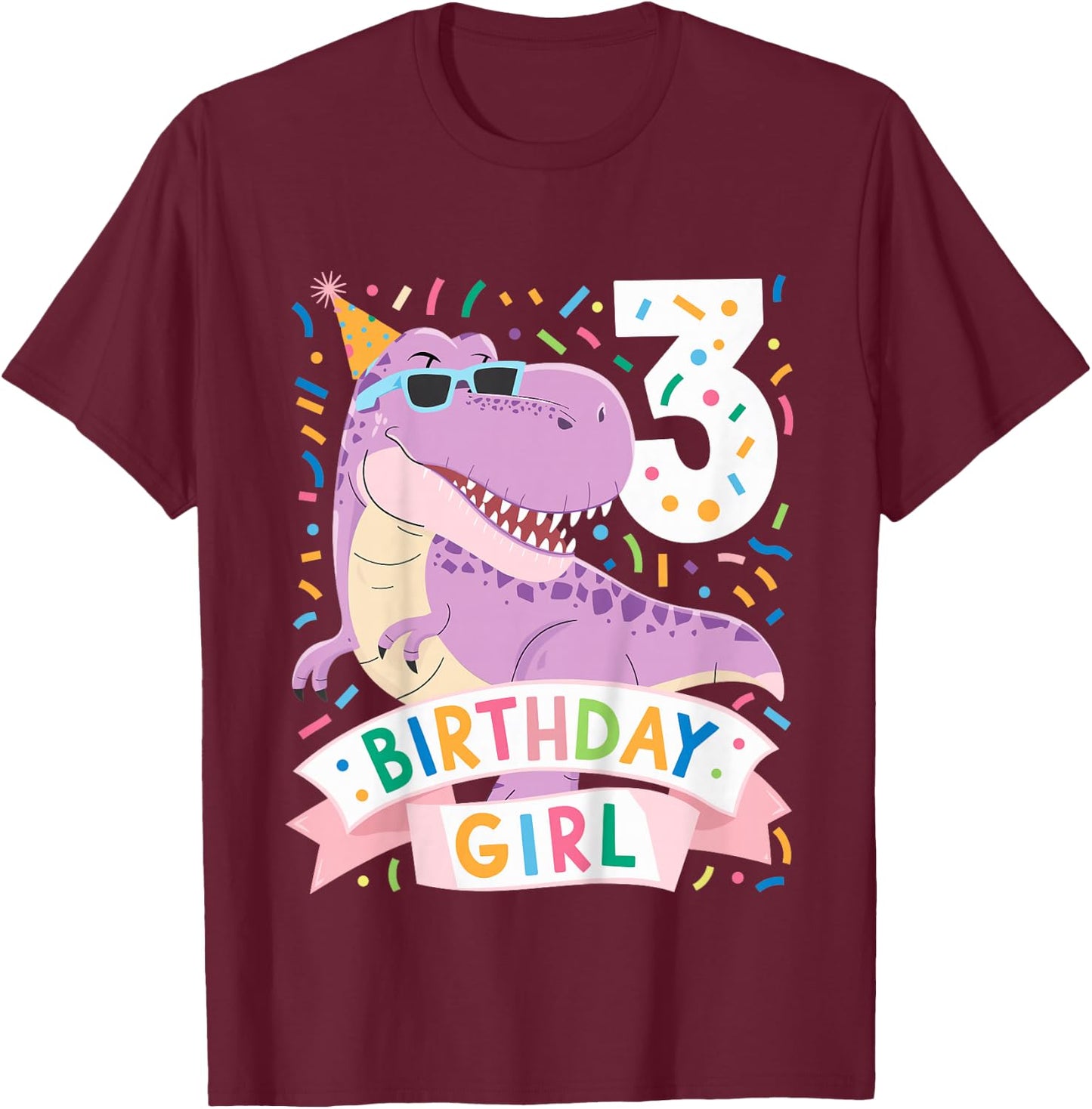 Kids 3 Year Old T Rex Dinosaur 3nd Birthday Girl T-Shirt - T-Shirt | Maroon