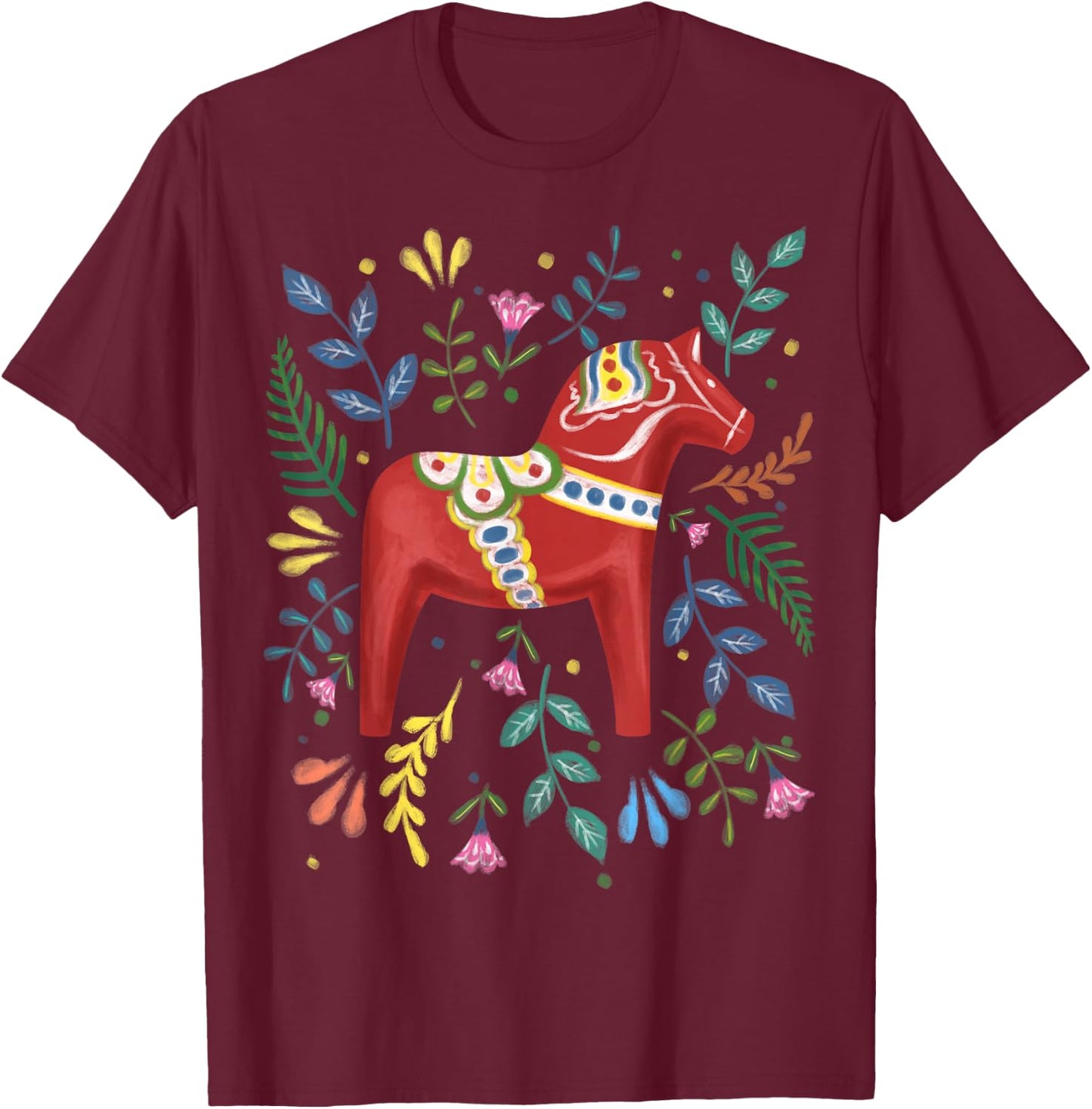 Swedish Dala Horse Folk Art Sweden Flag Dalahelmsoljd , black T-Shirt - T-Shirt | Maroon