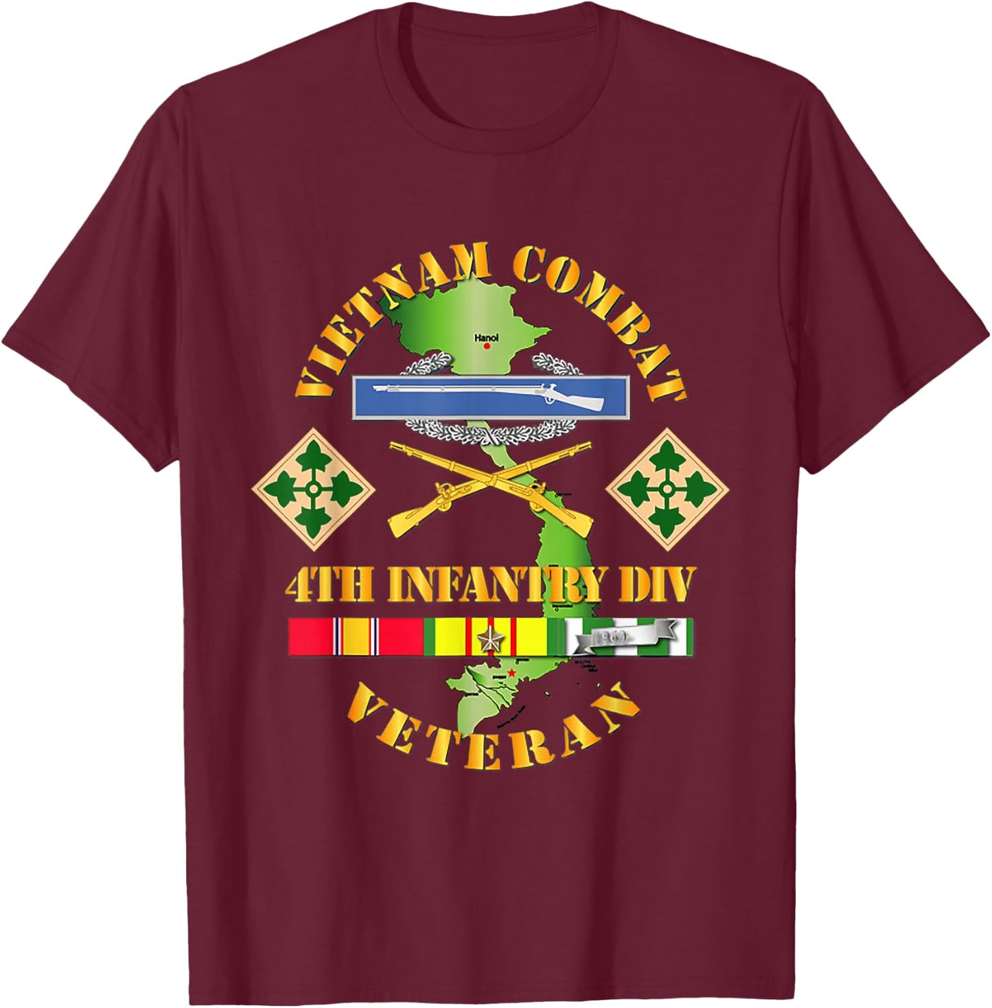 Vietnam Combat Infantry Veteran w 4th Inf Div SSI V1 T-Shirt - T-Shirt | Maroon