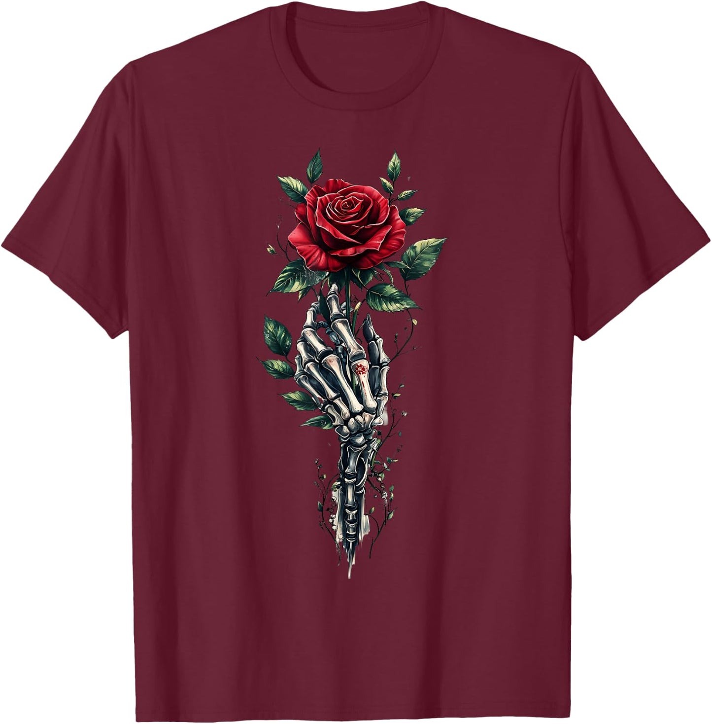 Skeleton Hand Holding Rose Red Rose Flower T-Shirt - T-Shirt | Maroon