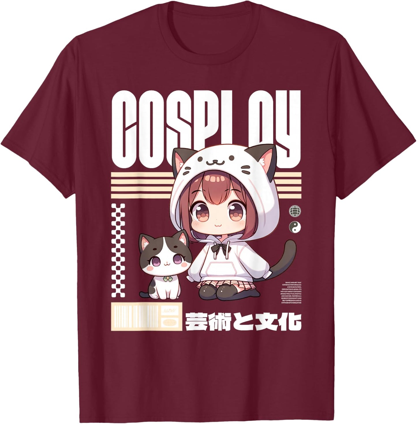 Japanese Manga Costume for Girl with Cat , Black, S T-Shirt - T-Shirt | Maroon