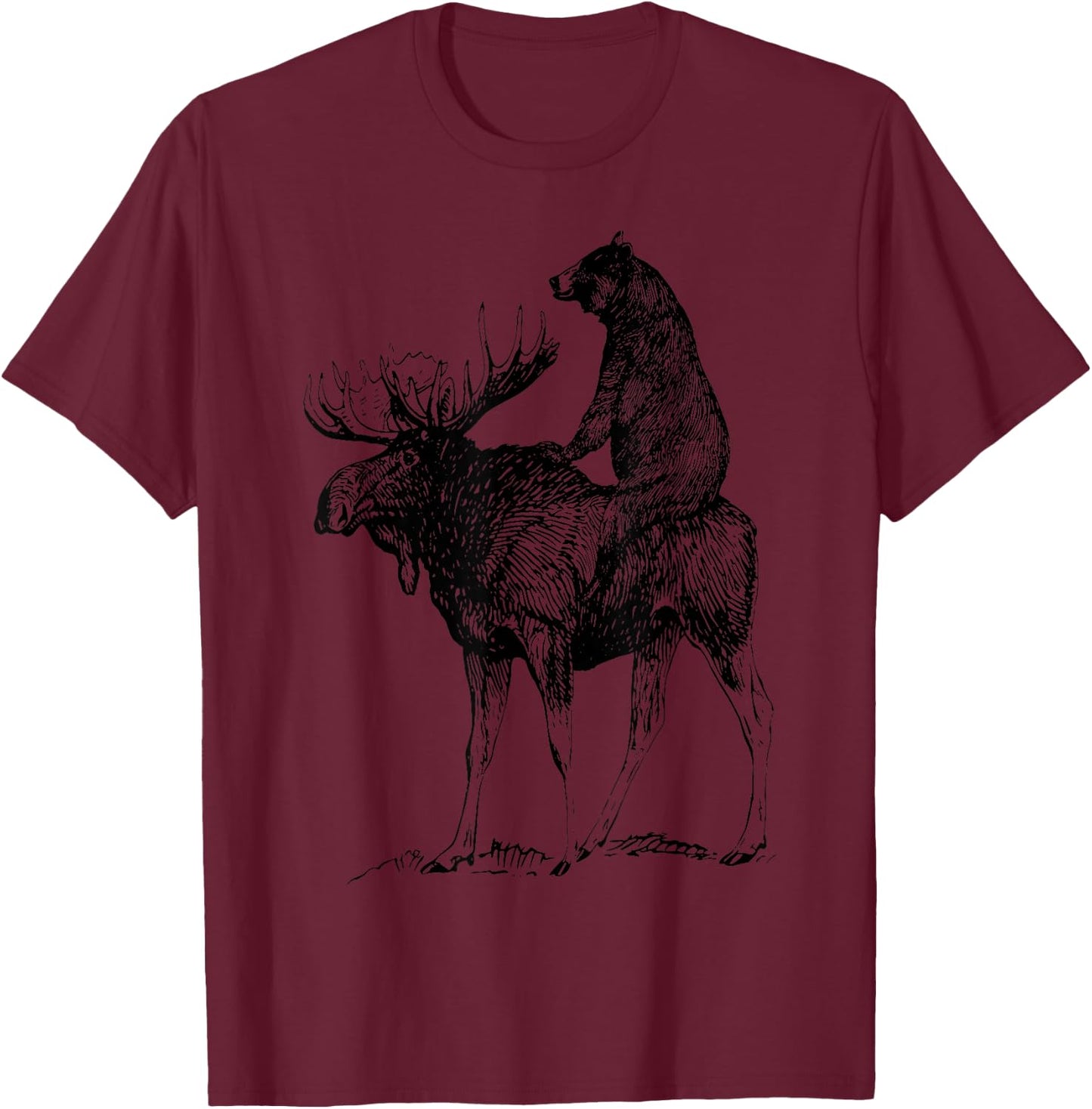 Vintage Cute Bear Riding Moose Nature Animals Retro T-Shirt - T-Shirt | Maroon