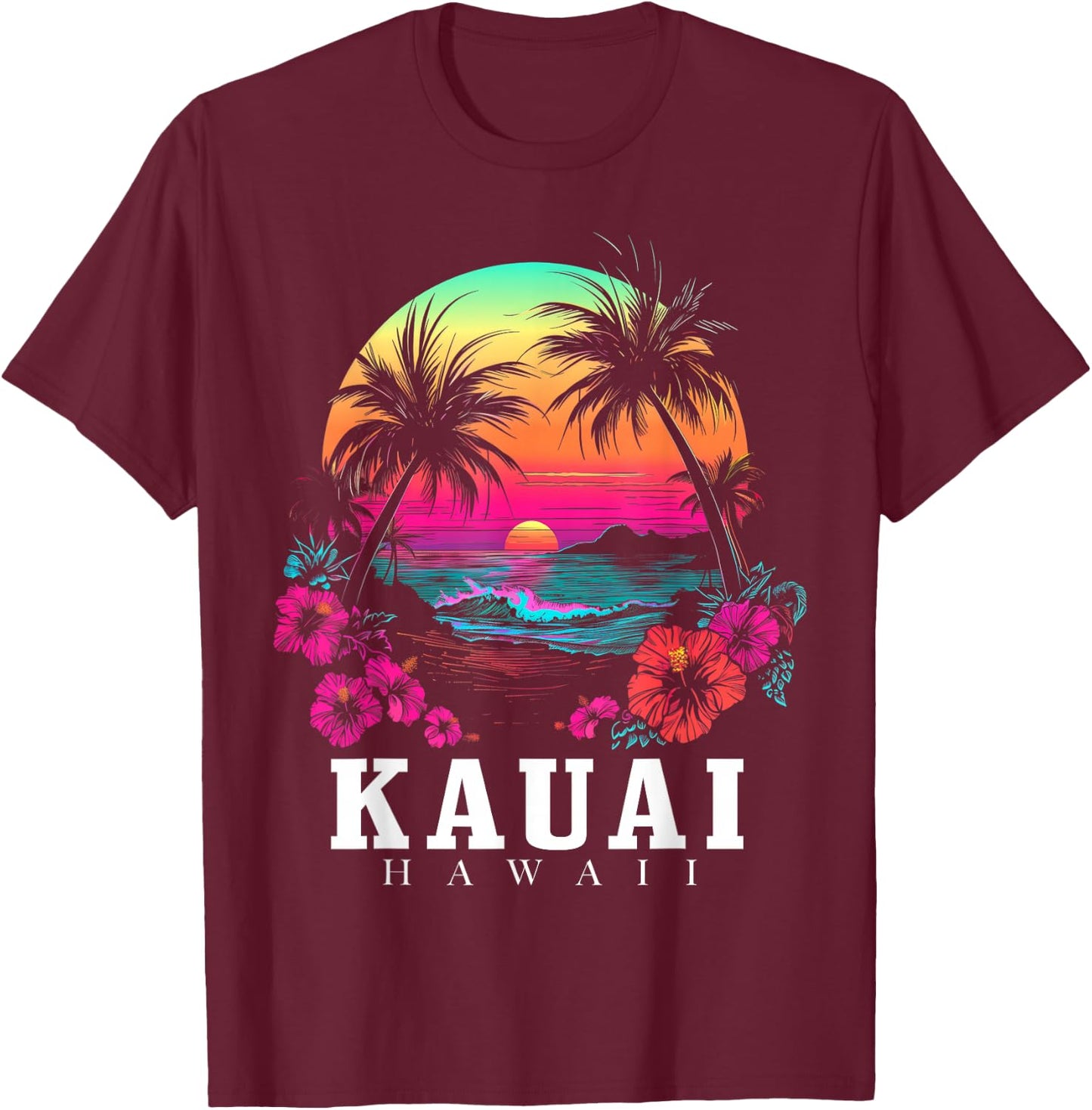 Kauai Hawaii Hawaiian Hibiscus Flowers Surfer Souvenir T-Shirt - T-Shirt | Maroon