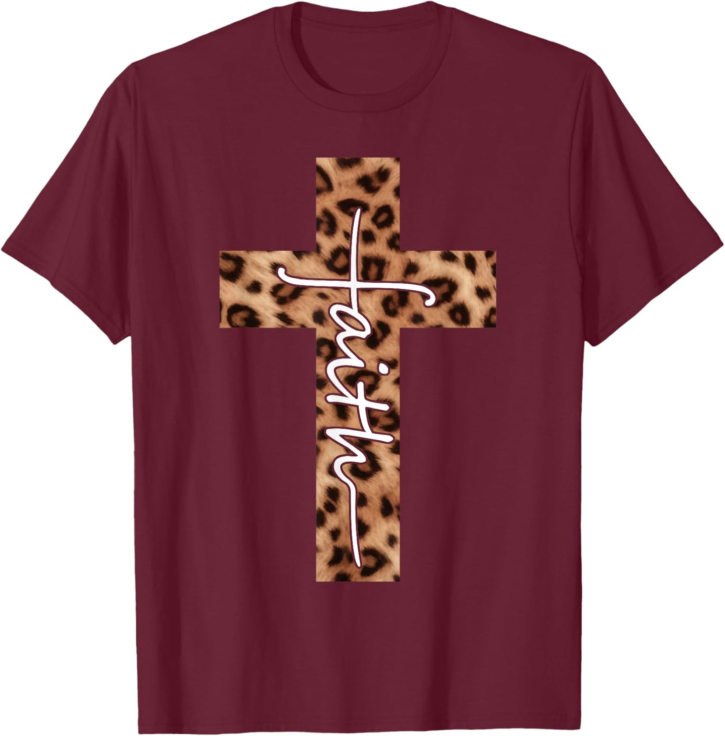 Faith Leopard Cross Christian Religious Faith Aesthetic T-Shirt - T-Shirt | Maroon