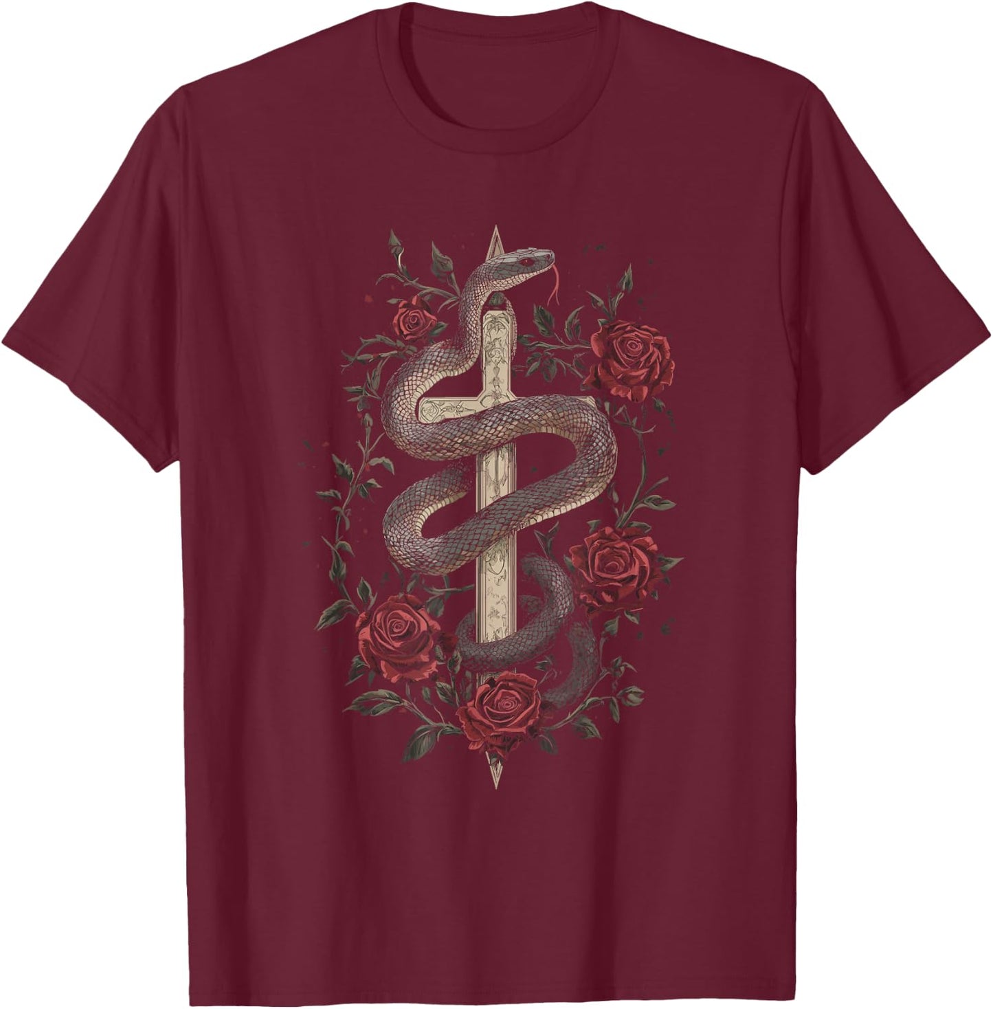 Snakes and Roses Around a Sword - Gothic , Black, S T-Shirt - T-Shirt | Maroon