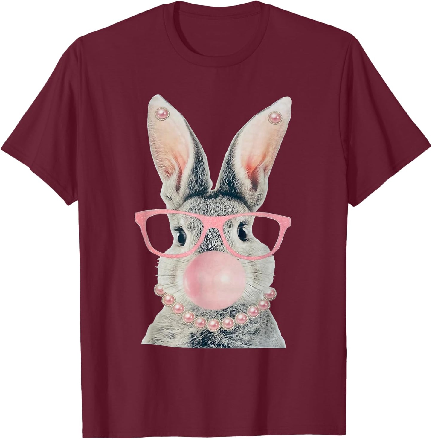GLAM Funny BUNNY Wear Glasses Bead T-Shirt - T-Shirt | Maroon