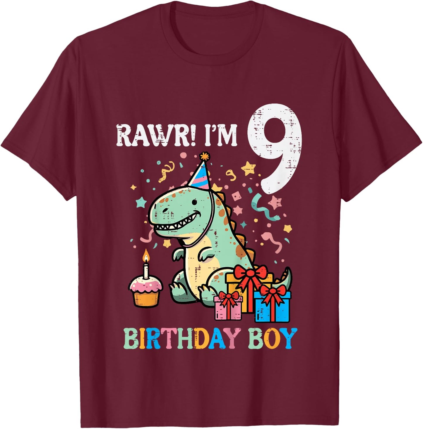 Kids Rawr Im 9 Dinosaur Birthday Boy Cute 9th Bday Trex Boys Kids T-Shirt - T-Shirt | Maroon