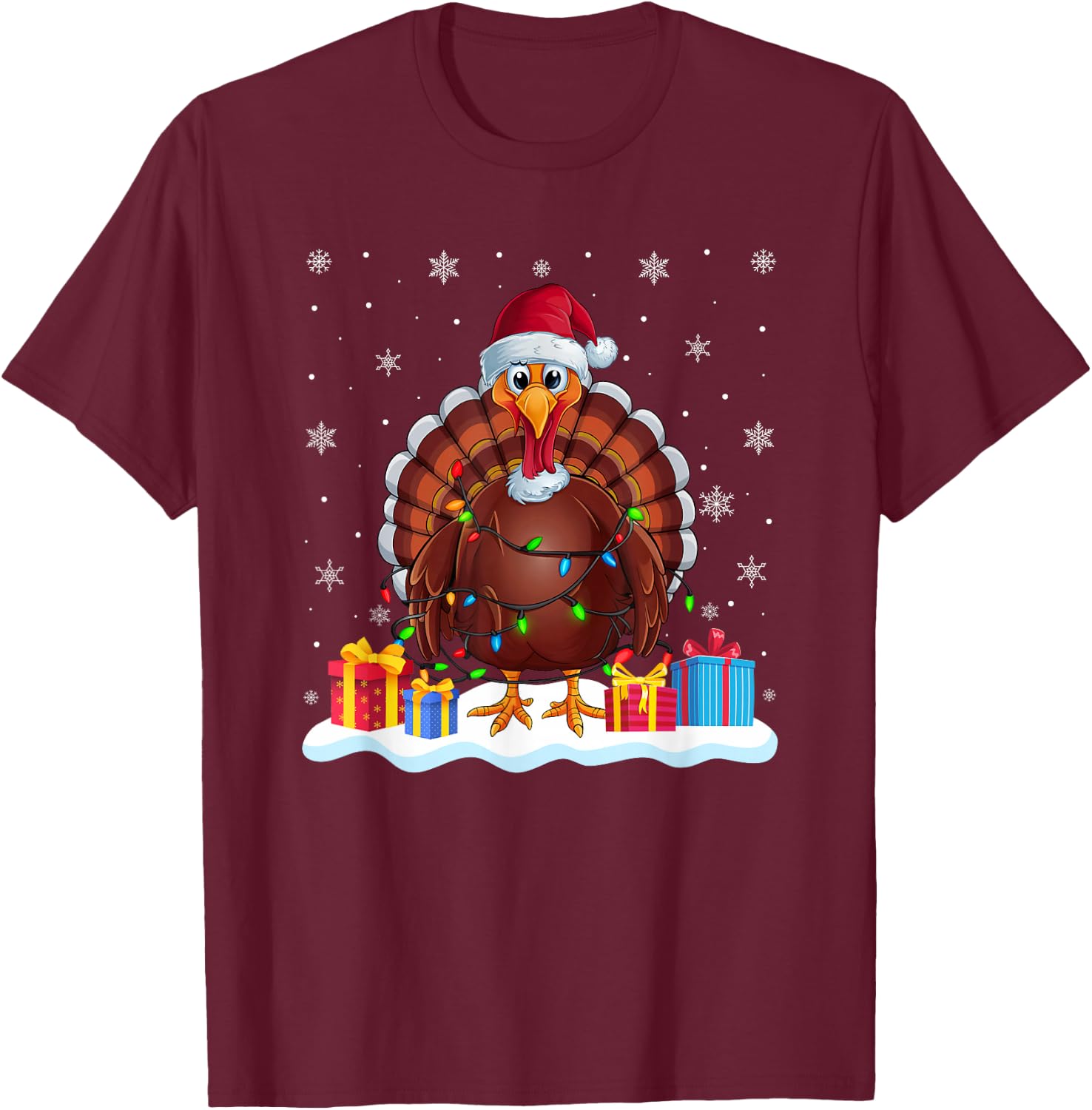 Turkey Santa Hat Christmas Tree Light Xmas Pajama T-Shirt - T-Shirt | Maroon