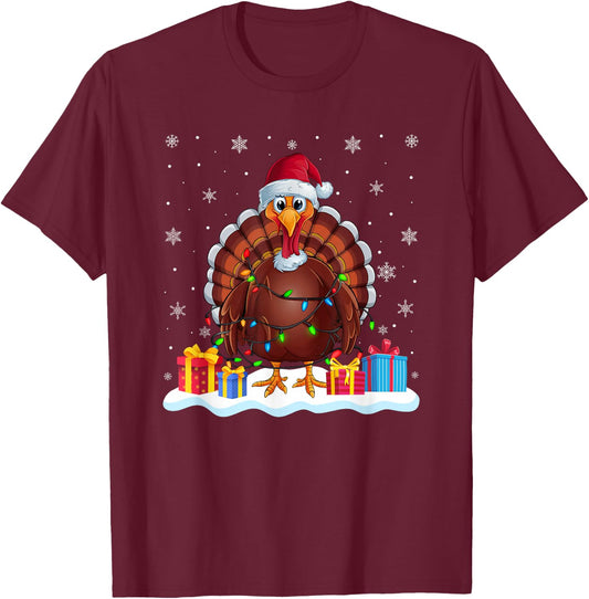 Turkey Santa Hat Christmas Tree Light Xmas Pajama T-Shirt - T-Shirt | Maroon